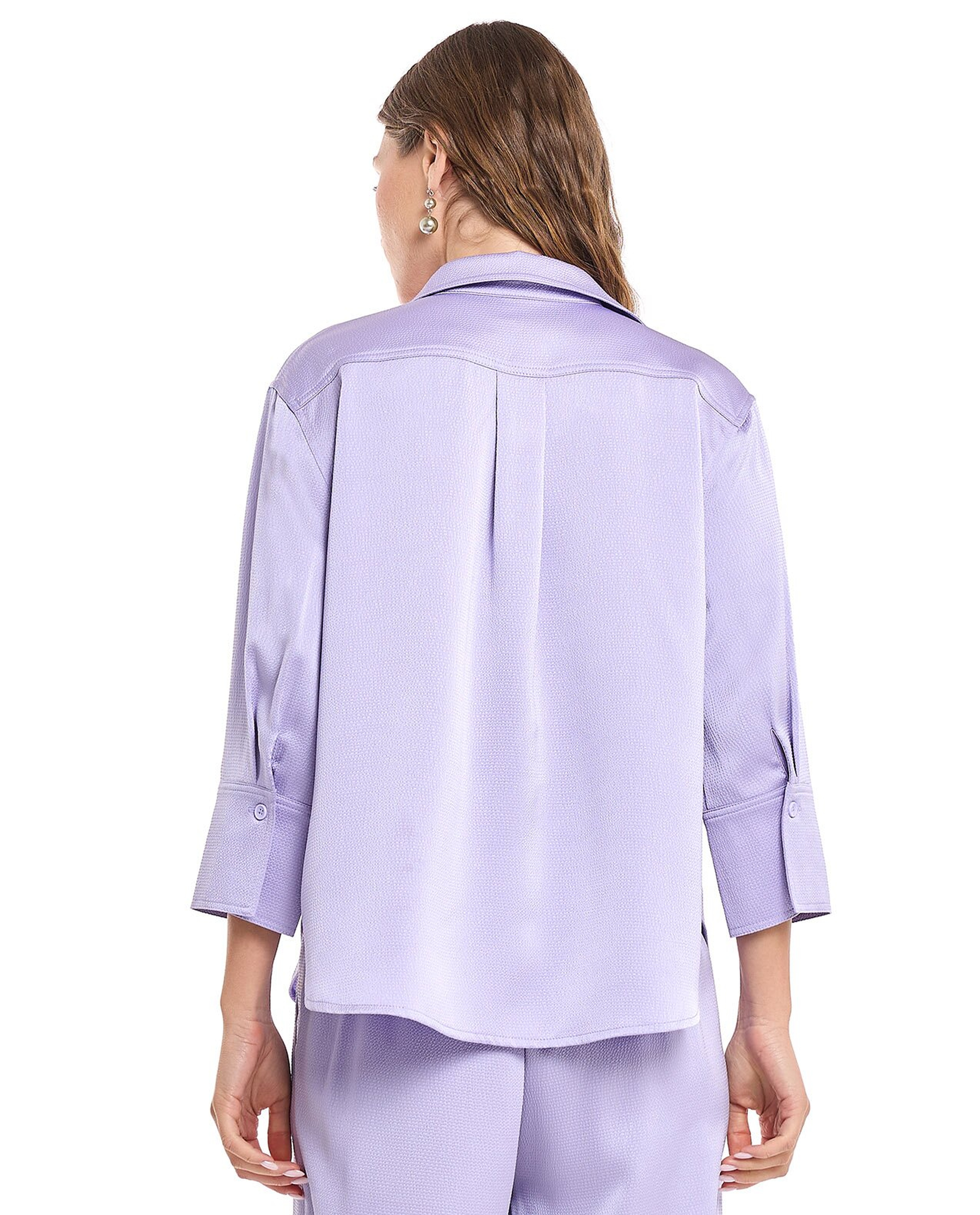 Solid Shirt with Spread Collar and 3/4 Sleeves