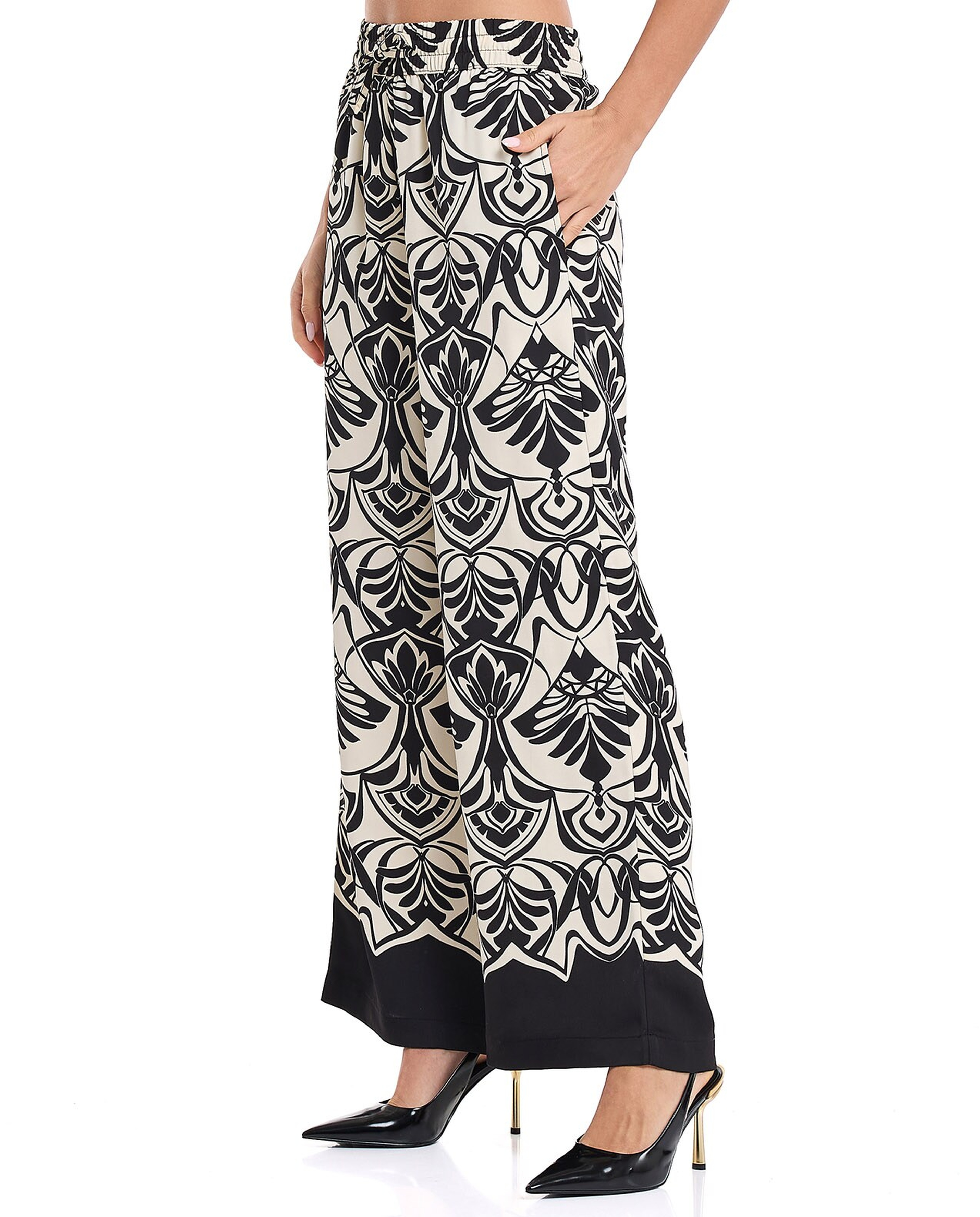 Patterned Wide Leg Pants with Elastic Waist