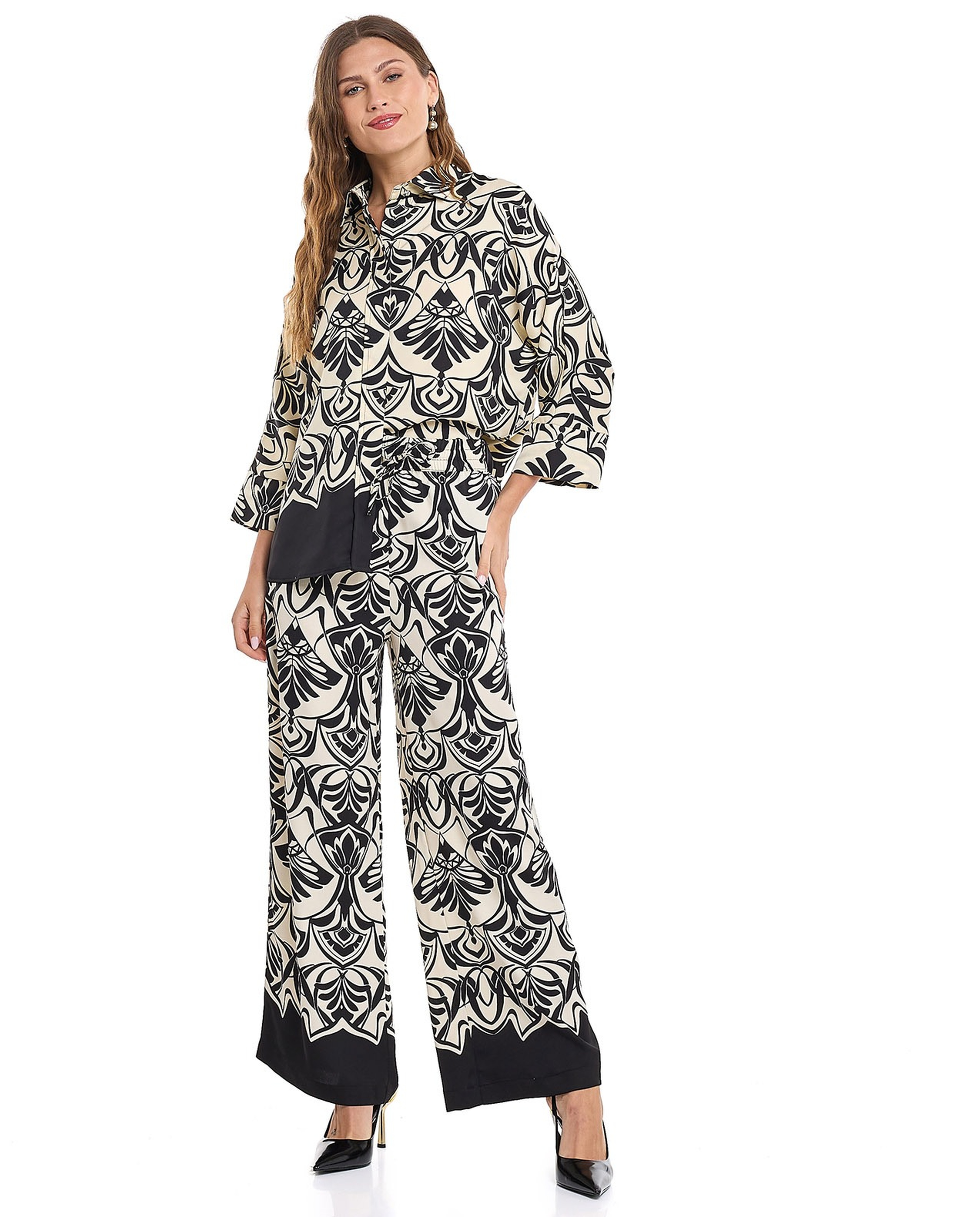 Patterned Wide Leg Pants with Elastic Waist