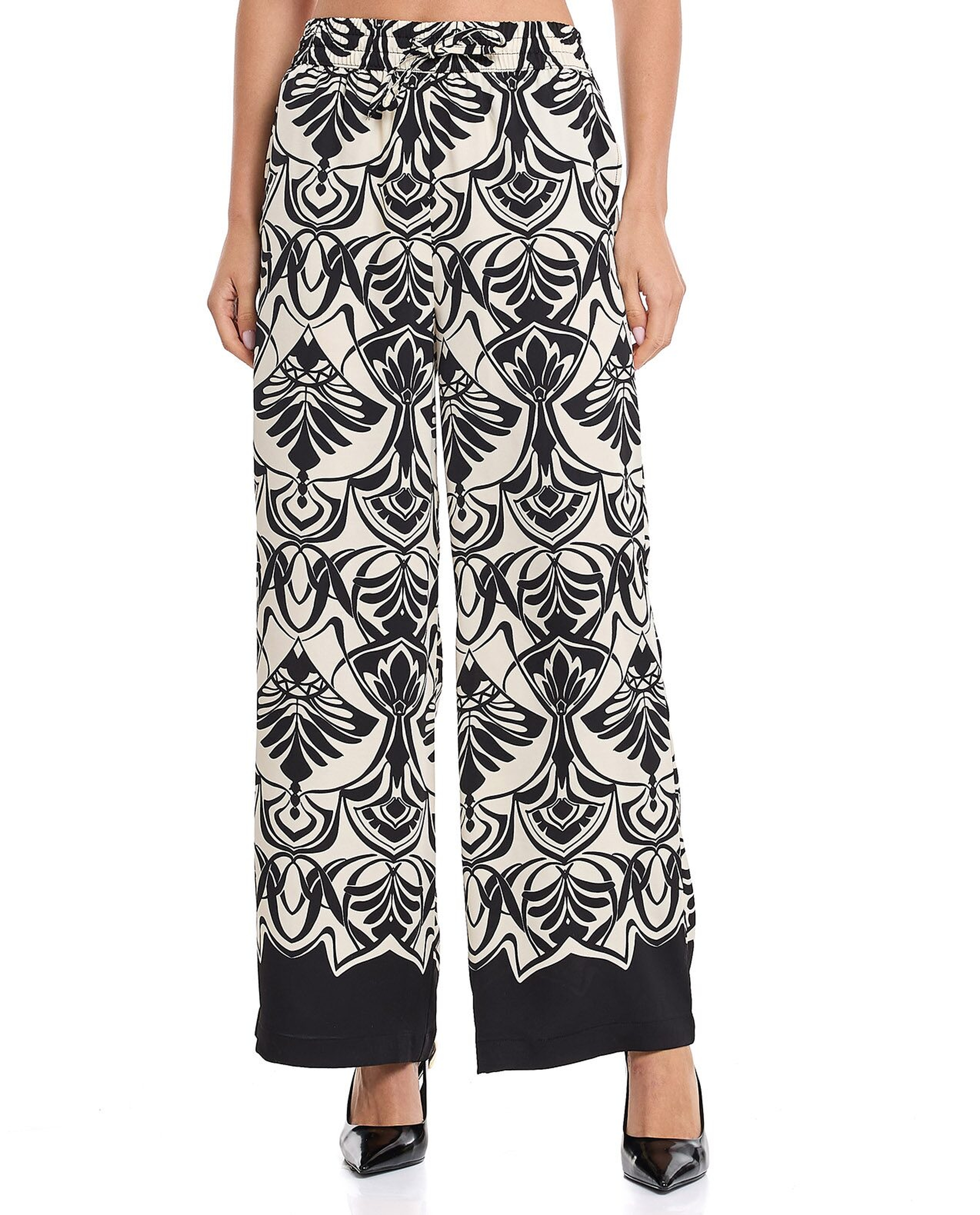 Patterned Wide Leg Pants with Elastic Waist