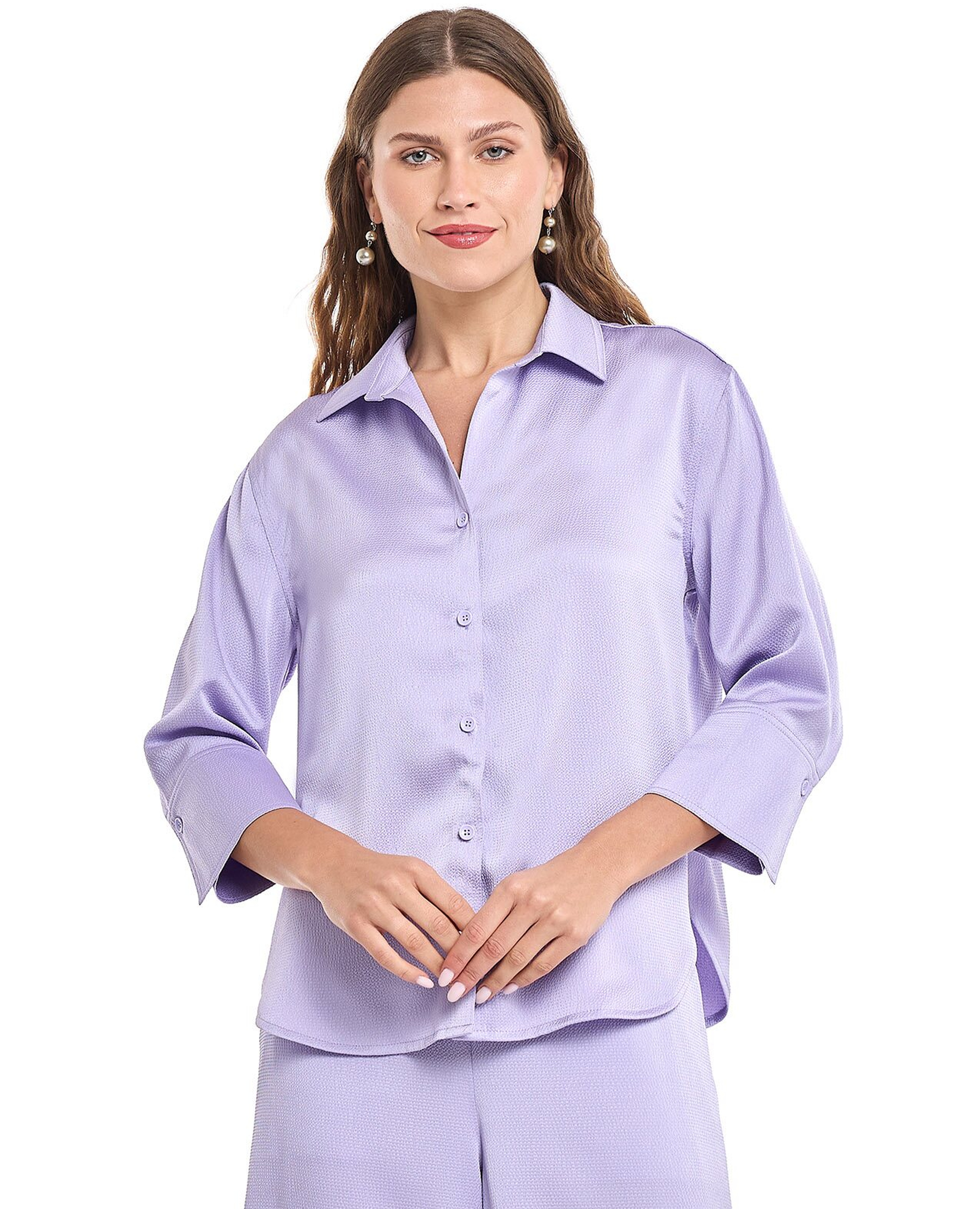Solid Shirt with Spread Collar and 3/4 Sleeves