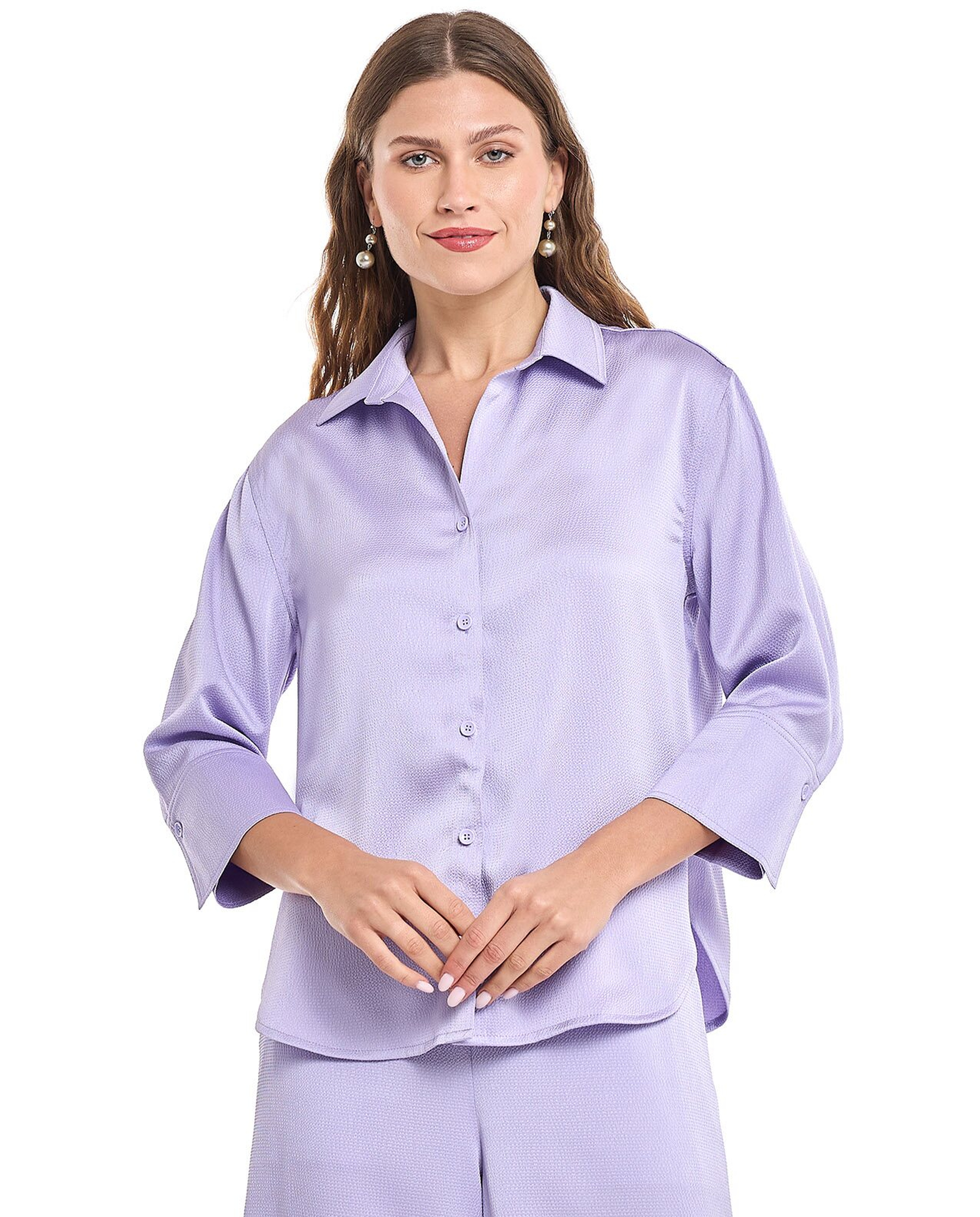 Solid Shirt with Spread Collar and 3/4 Sleeves