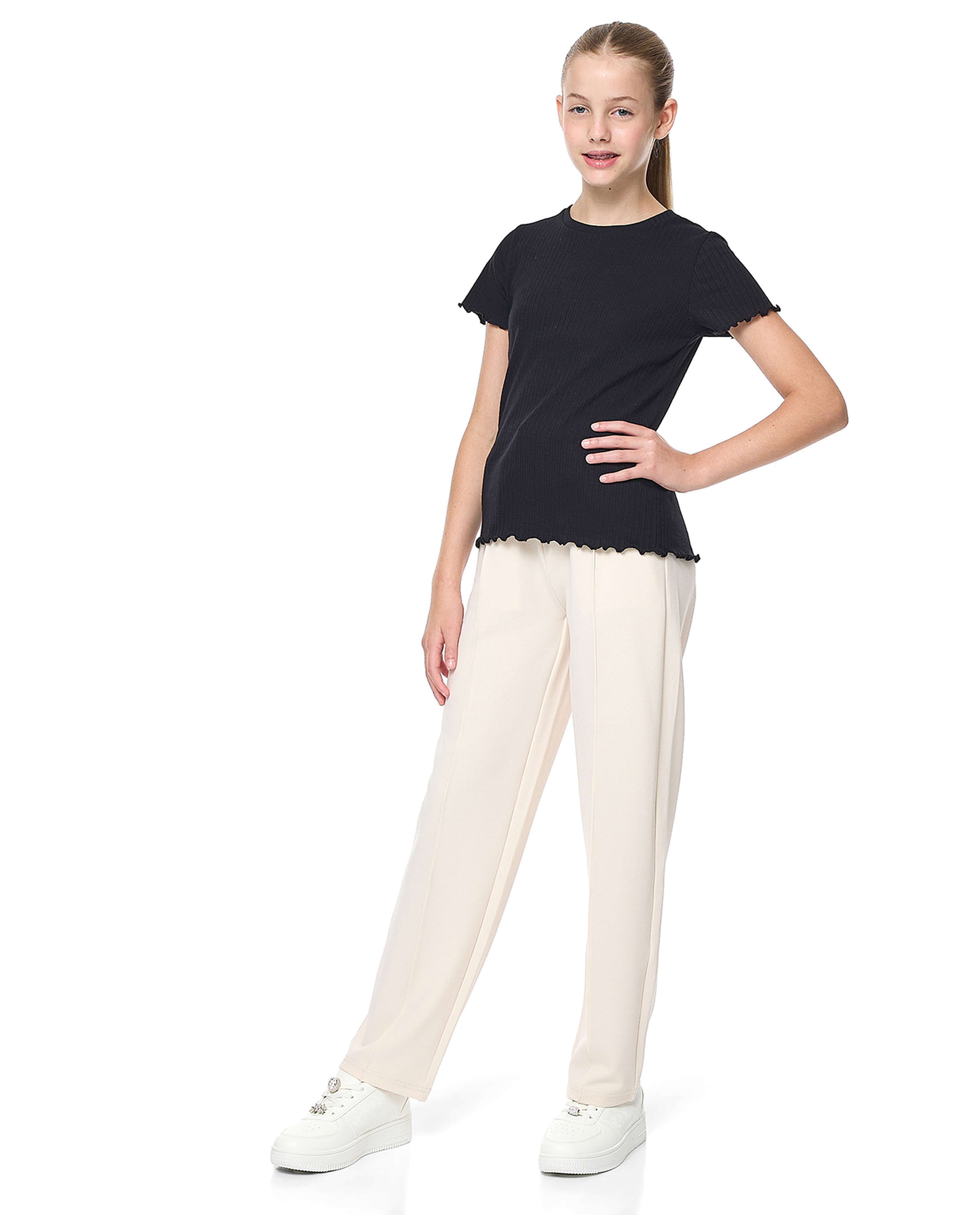 Ribbed Top with Crew Neck and Short Sleeves