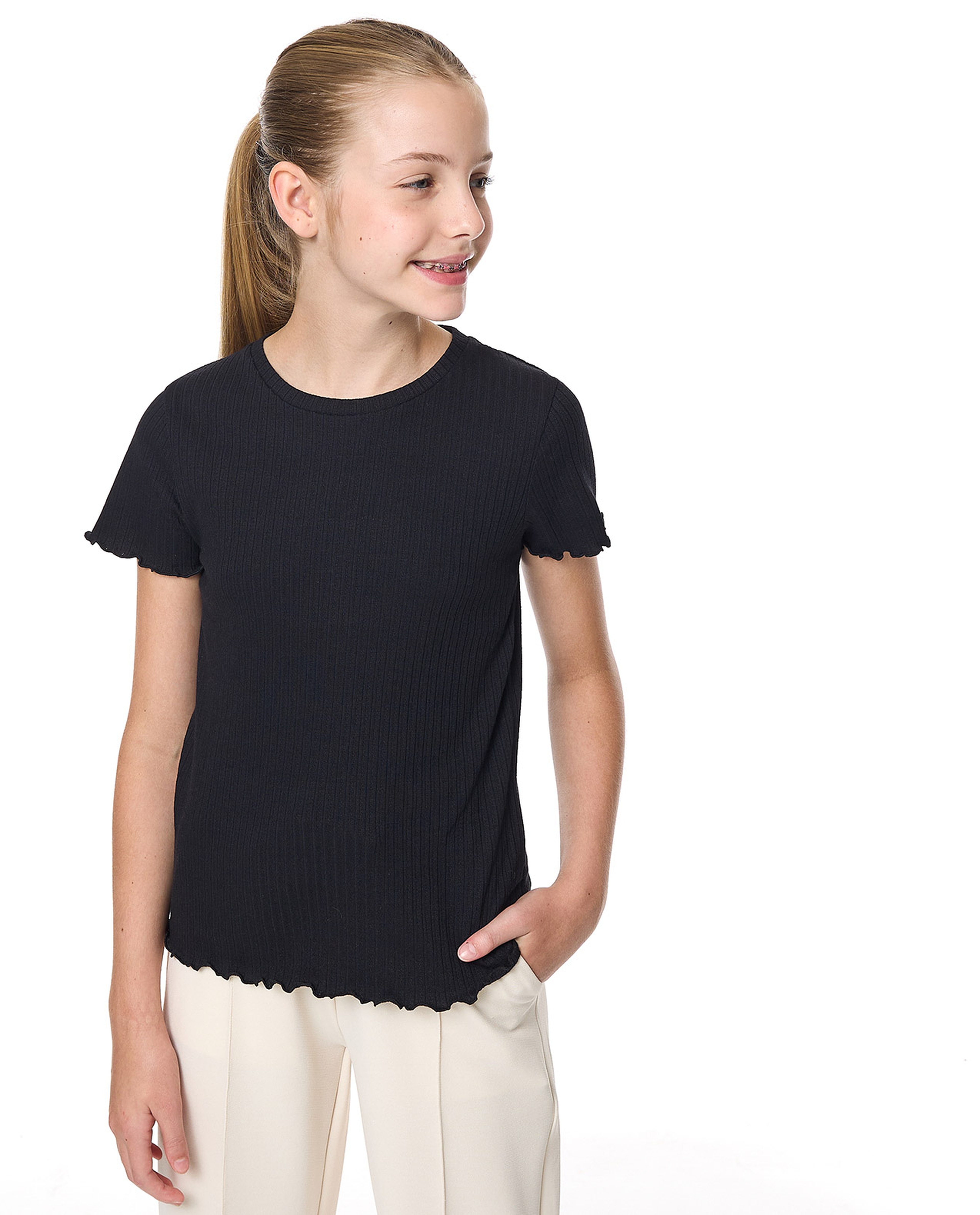 Ribbed Top with Crew Neck and Short Sleeves