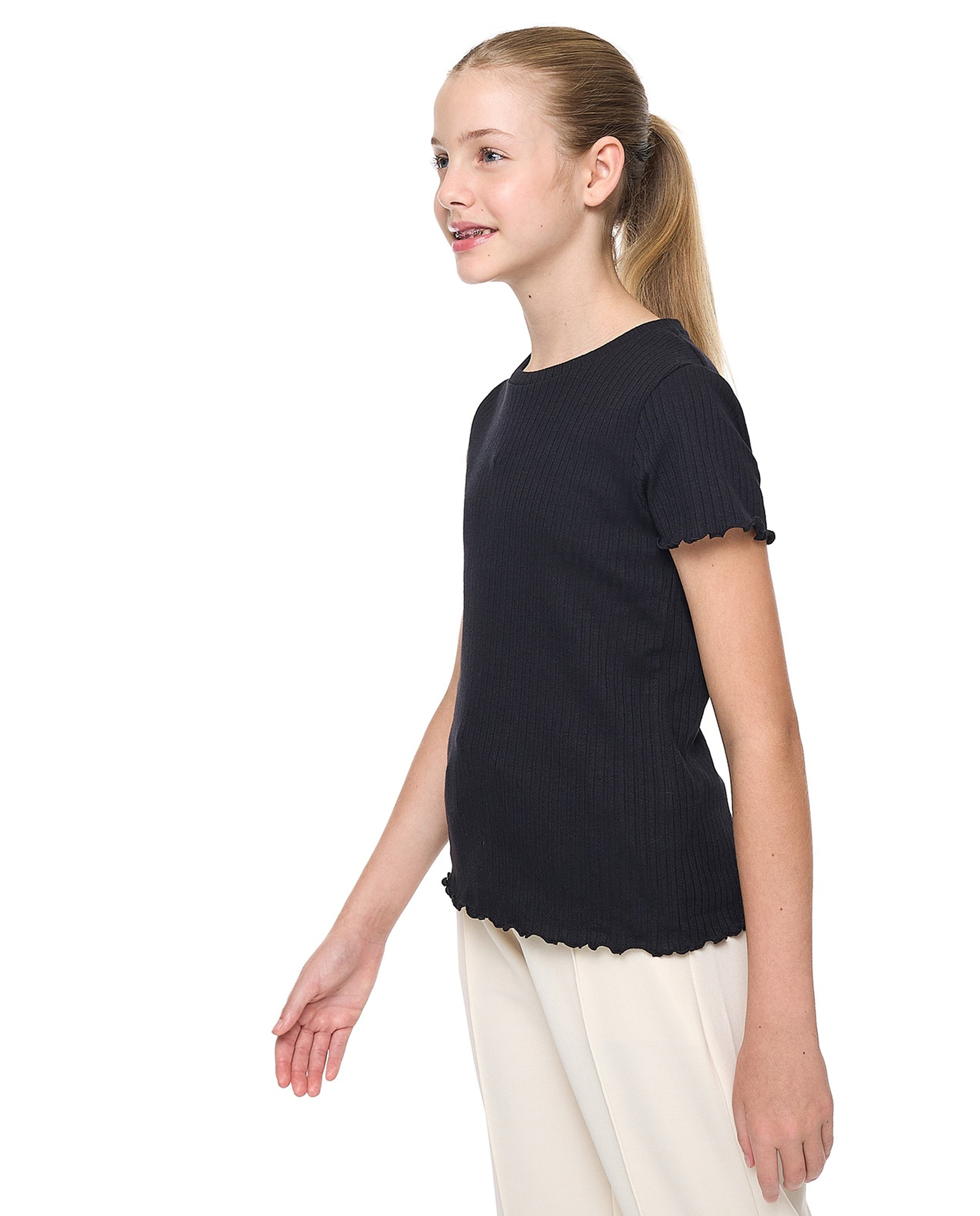Ribbed Top with Crew Neck and Short Sleeves
