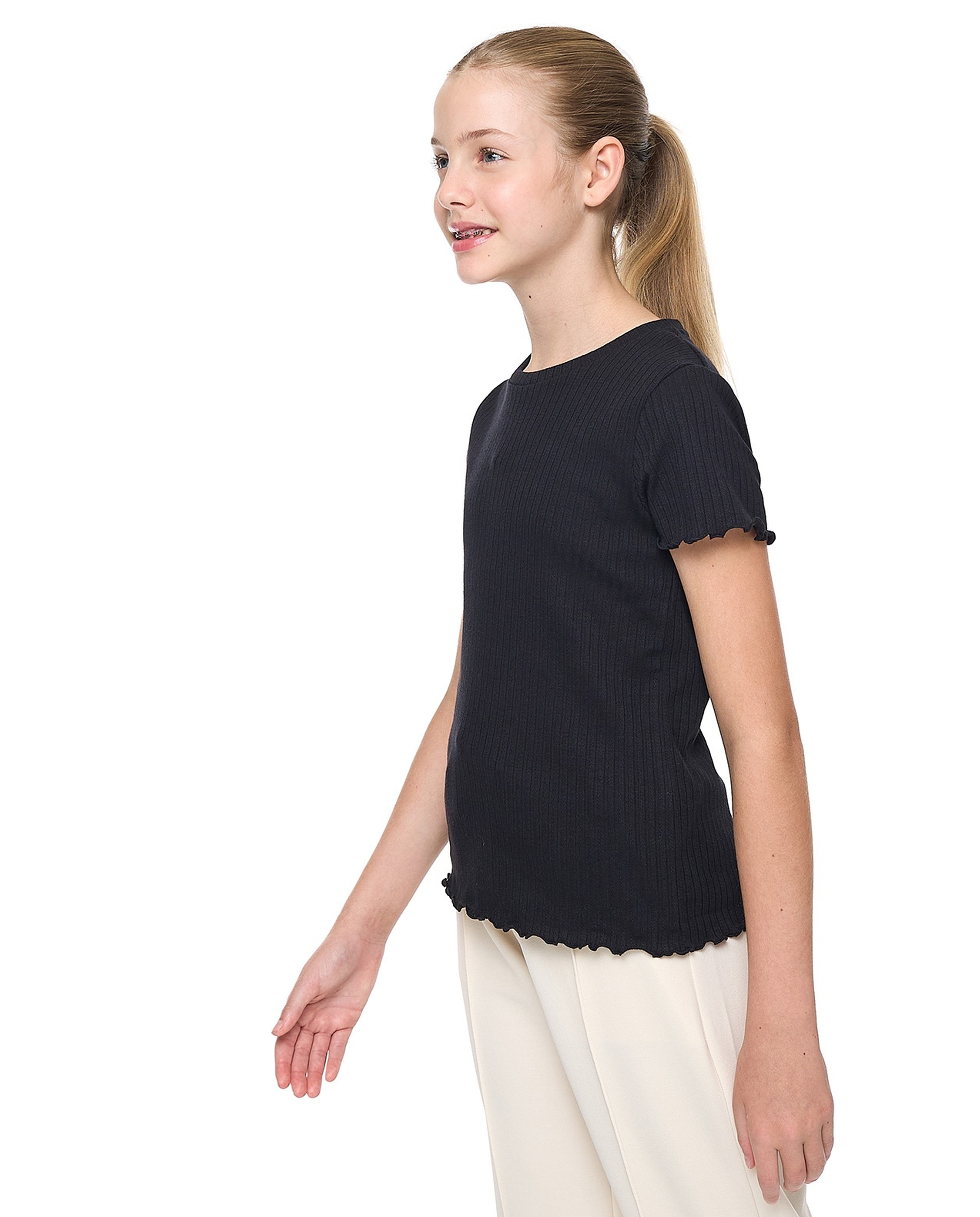 Ribbed Top with Crew Neck and Short Sleeves