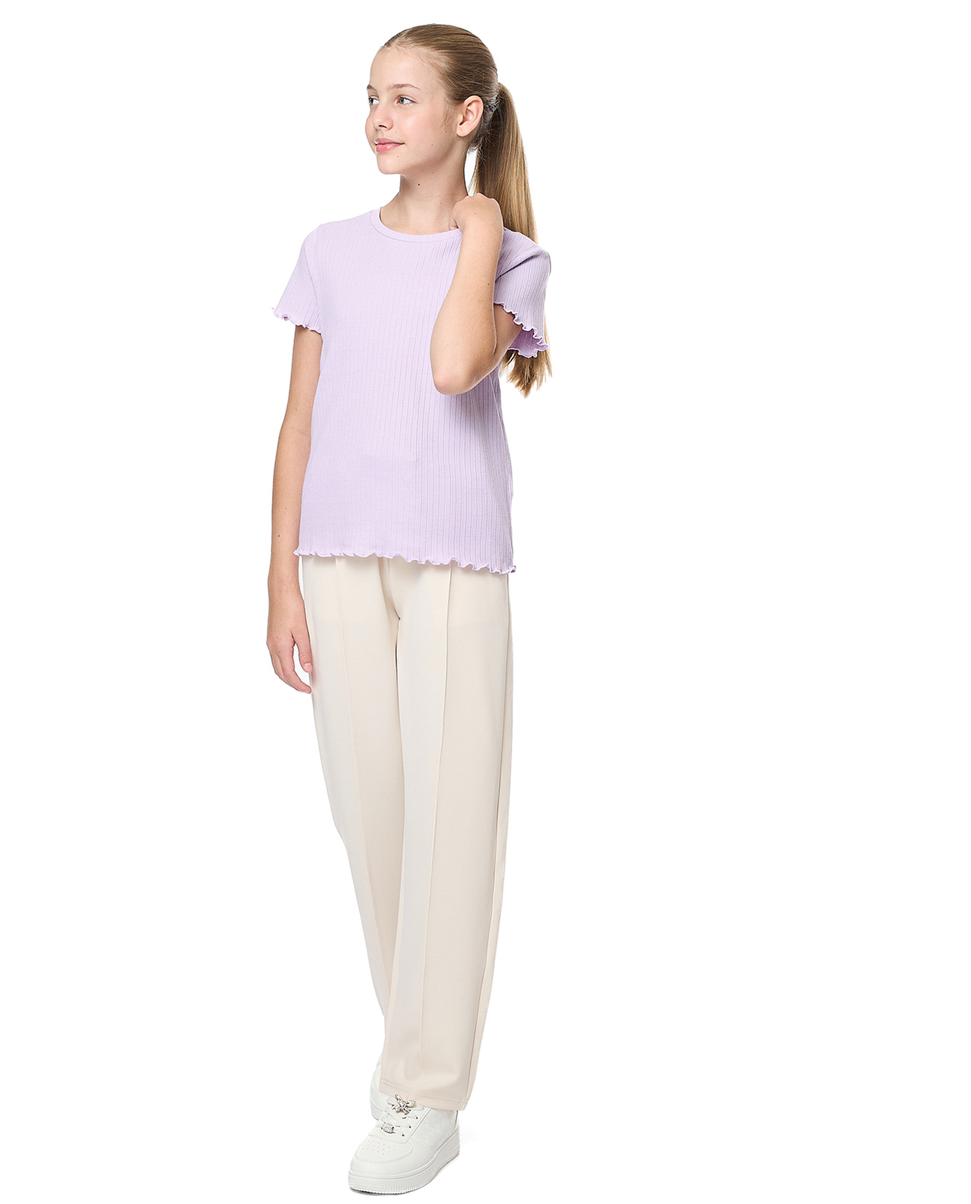 Ribbed Top with Crew Neck and Short Sleeves