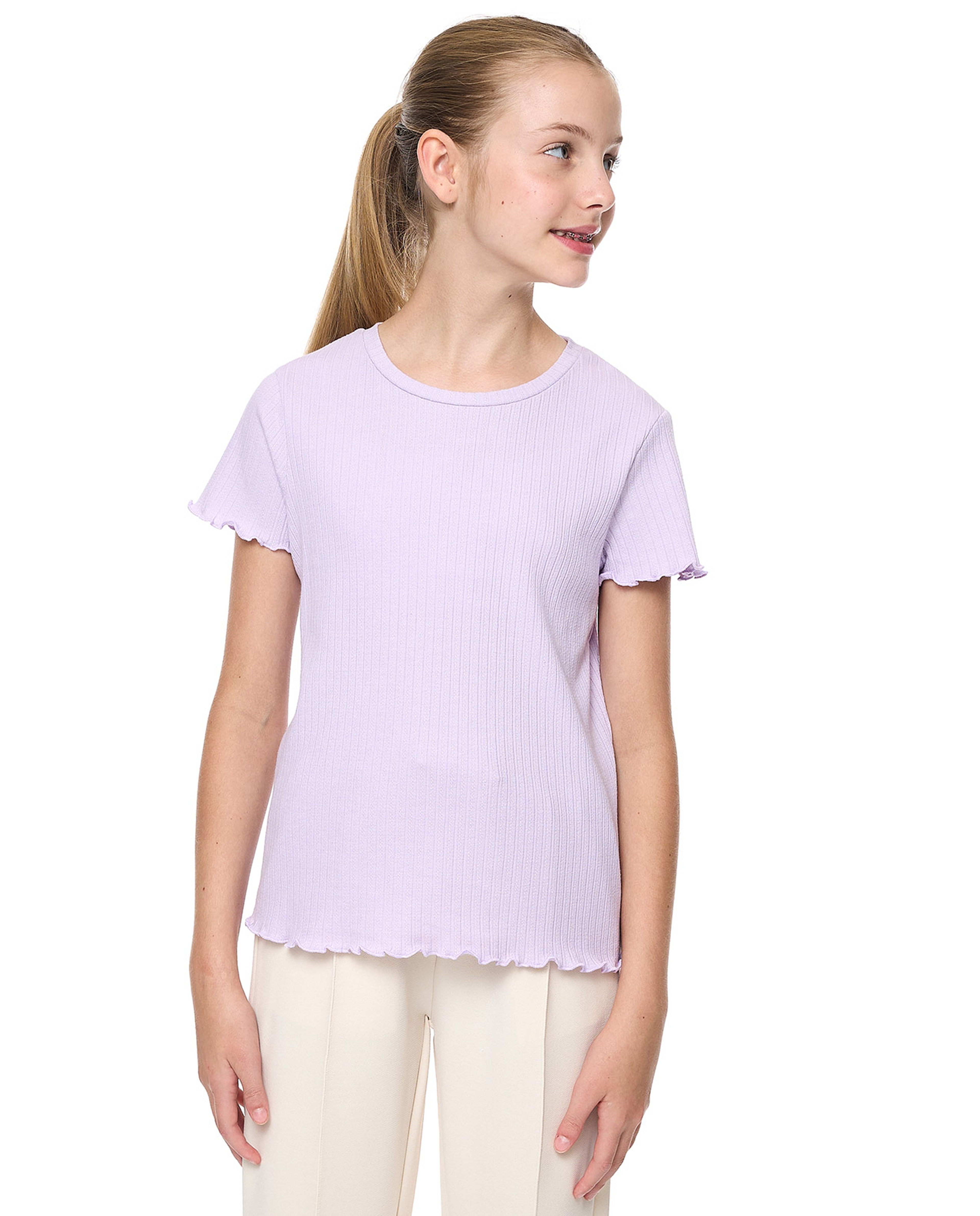 Ribbed Top with Crew Neck and Short Sleeves