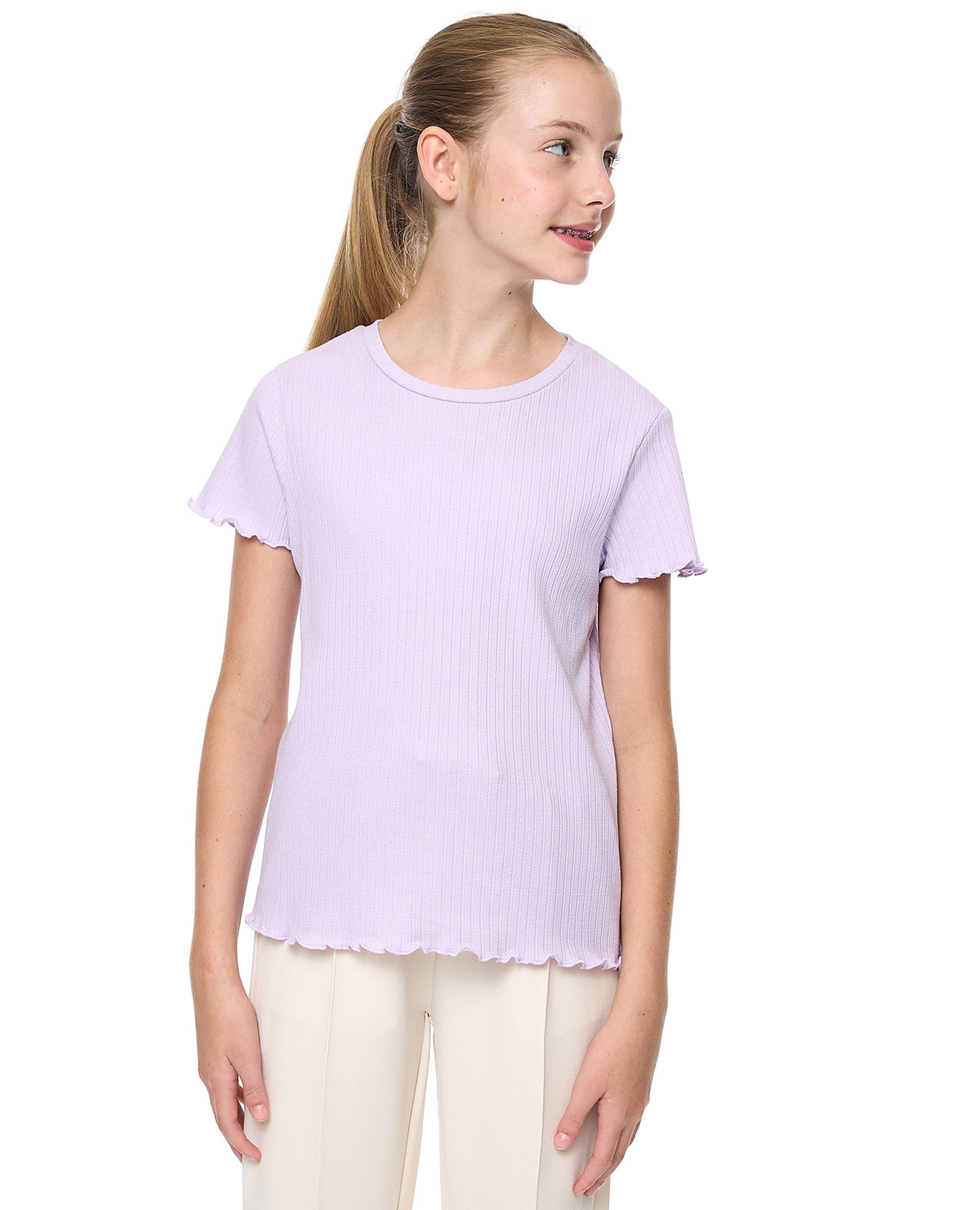 Ribbed Top with Crew Neck and Short Sleeves