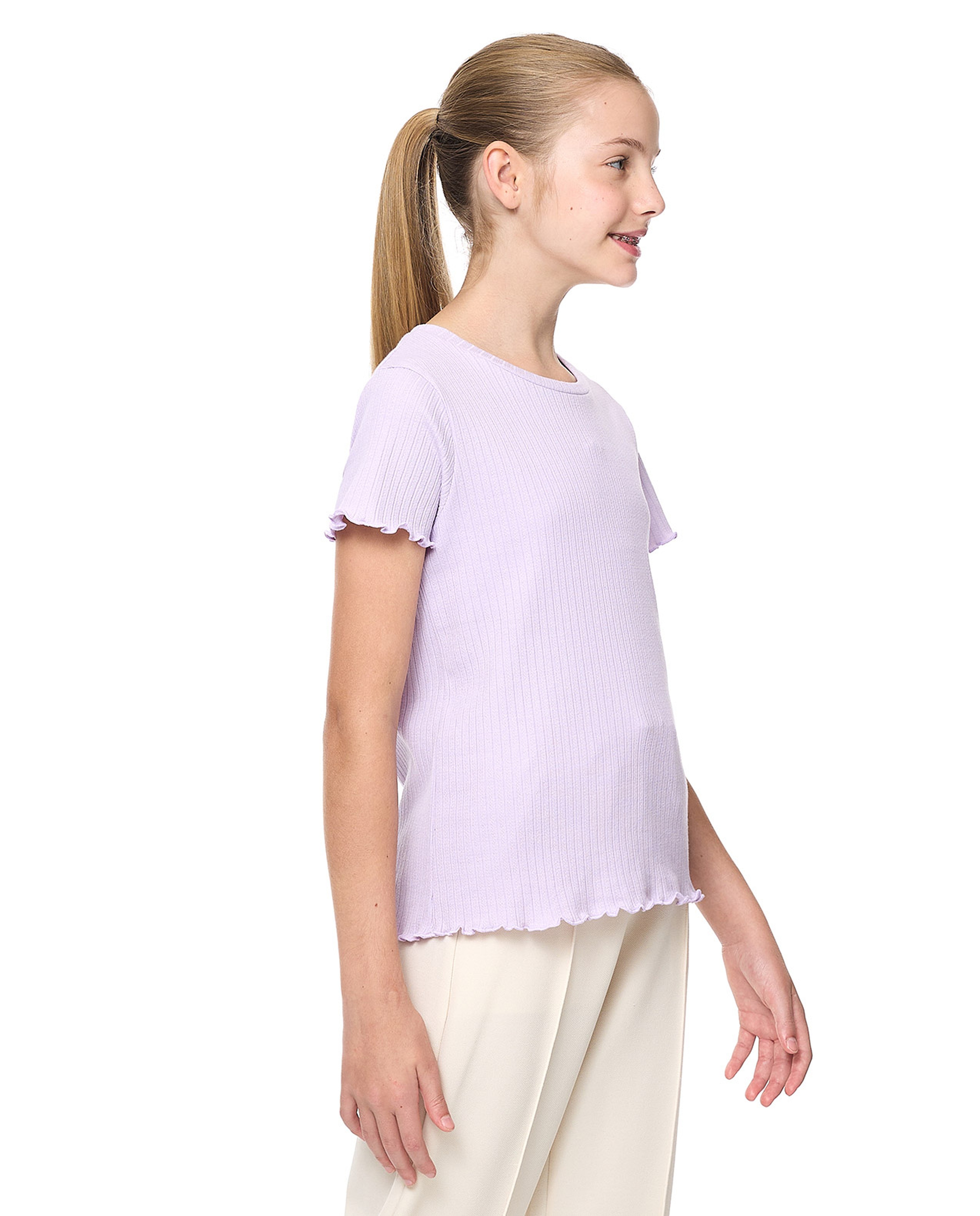 Ribbed Top with Crew Neck and Short Sleeves