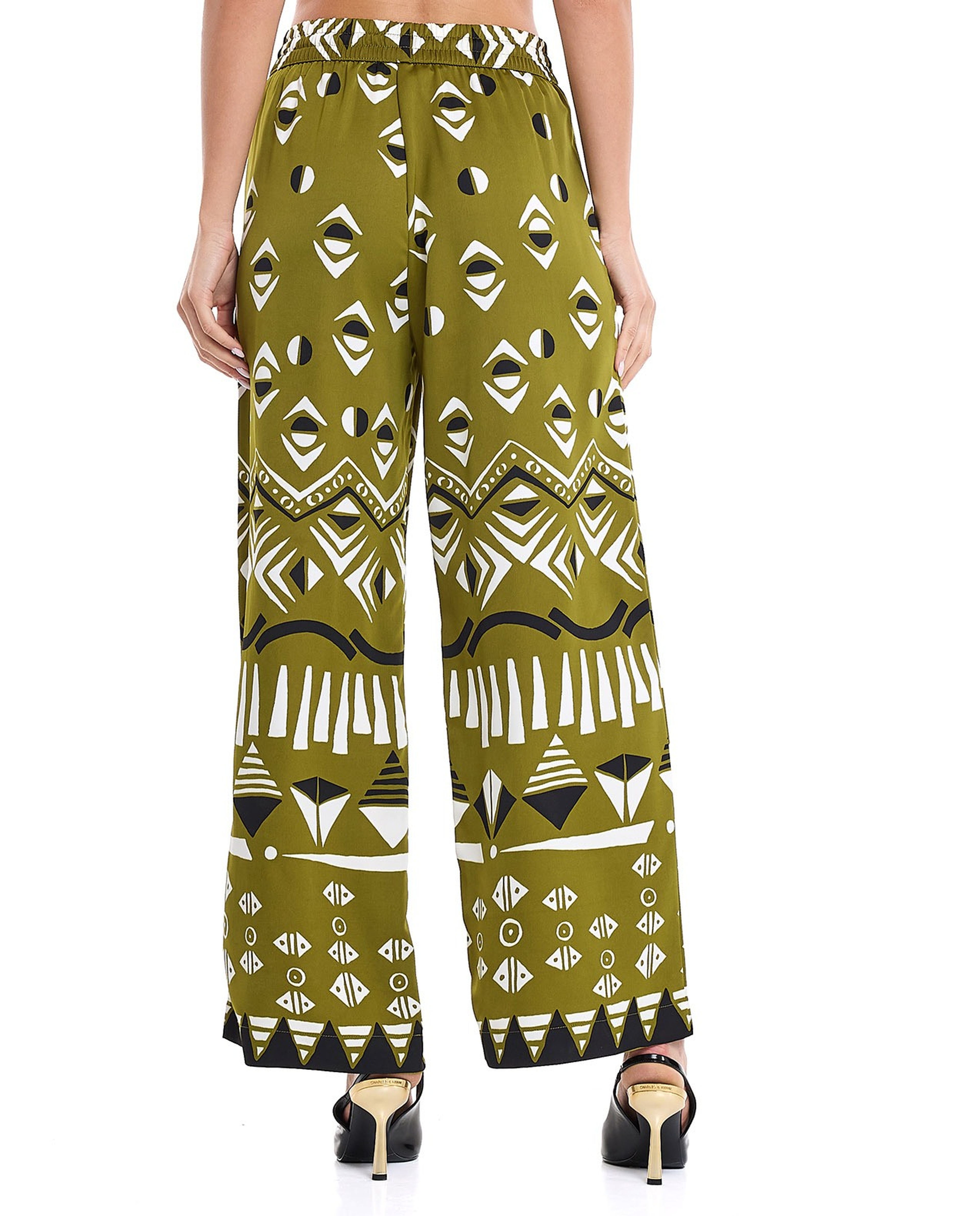 Patterned Wide Leg Pants with Elastic Waist