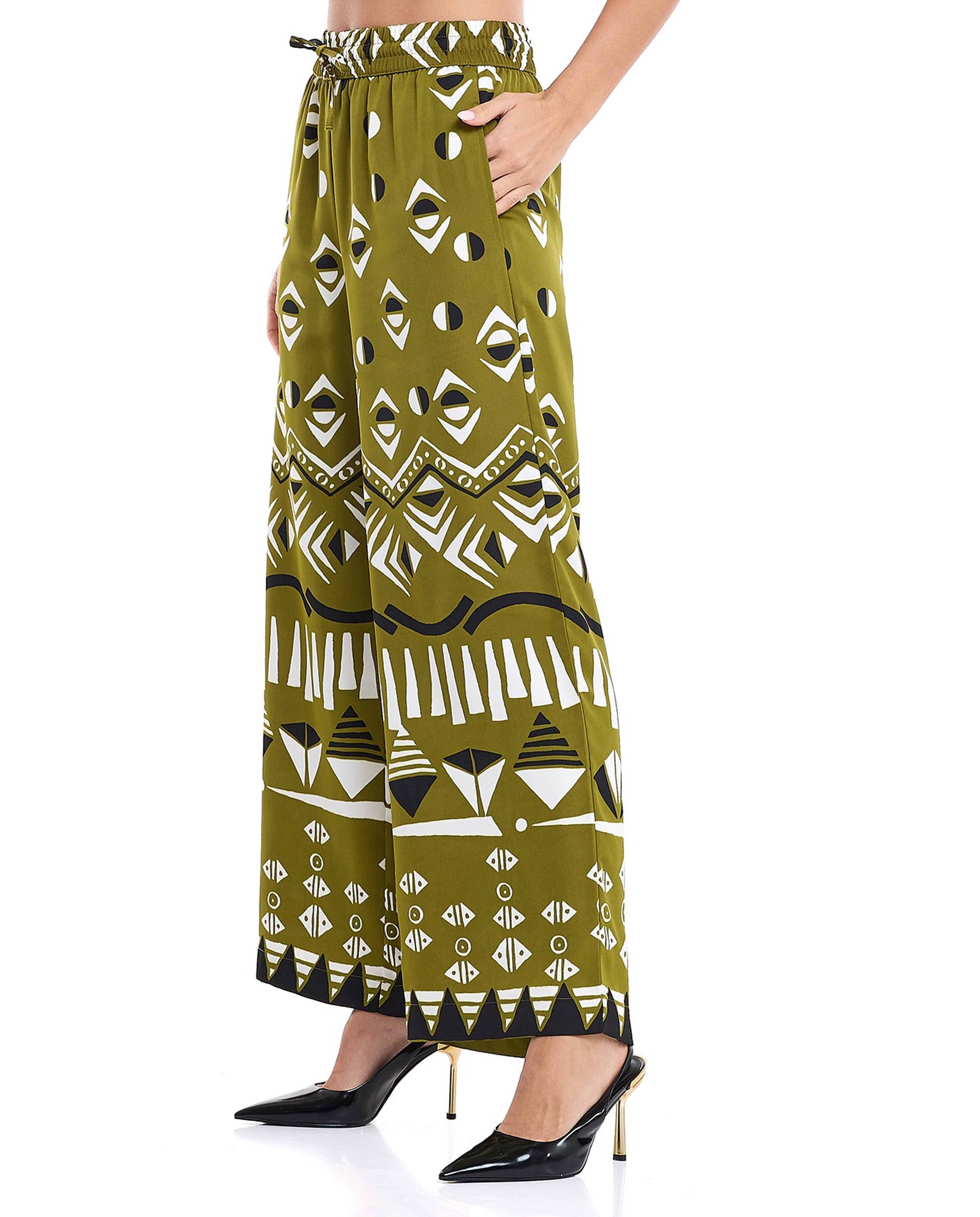 Patterned Wide Leg Pants with Elastic Waist