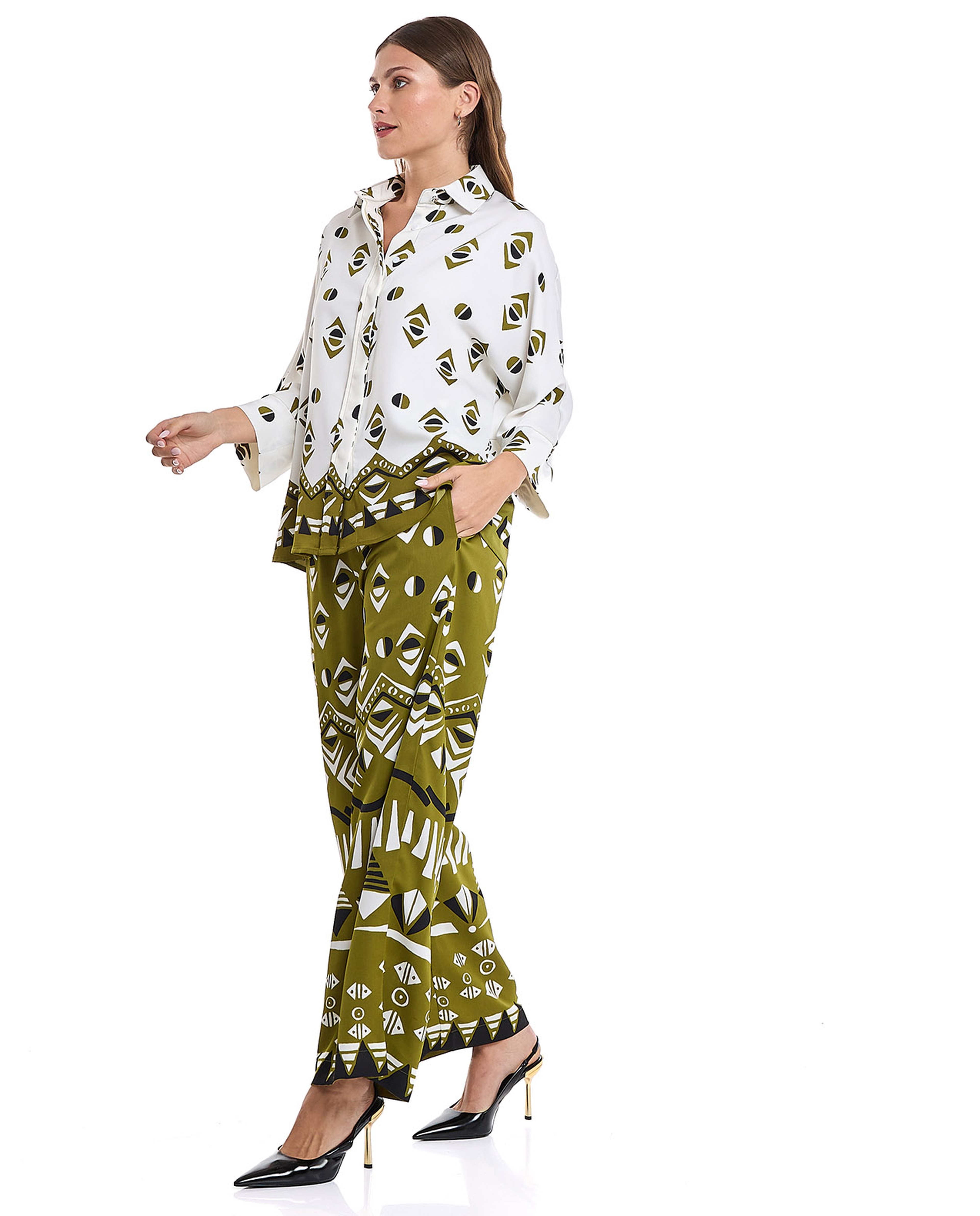 Patterned Wide Leg Pants with Elastic Waist