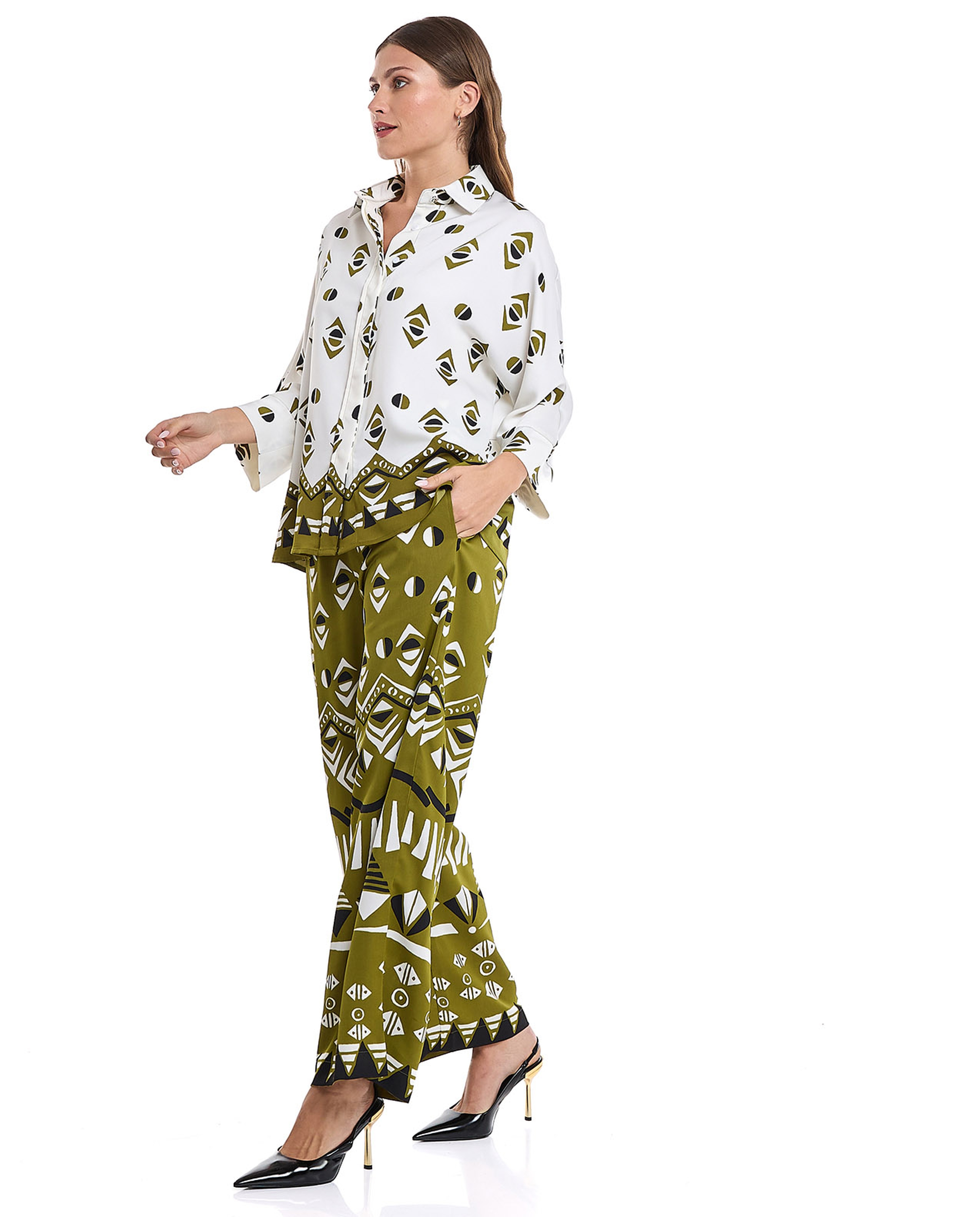 Patterned Wide Leg Pants with Elastic Waist