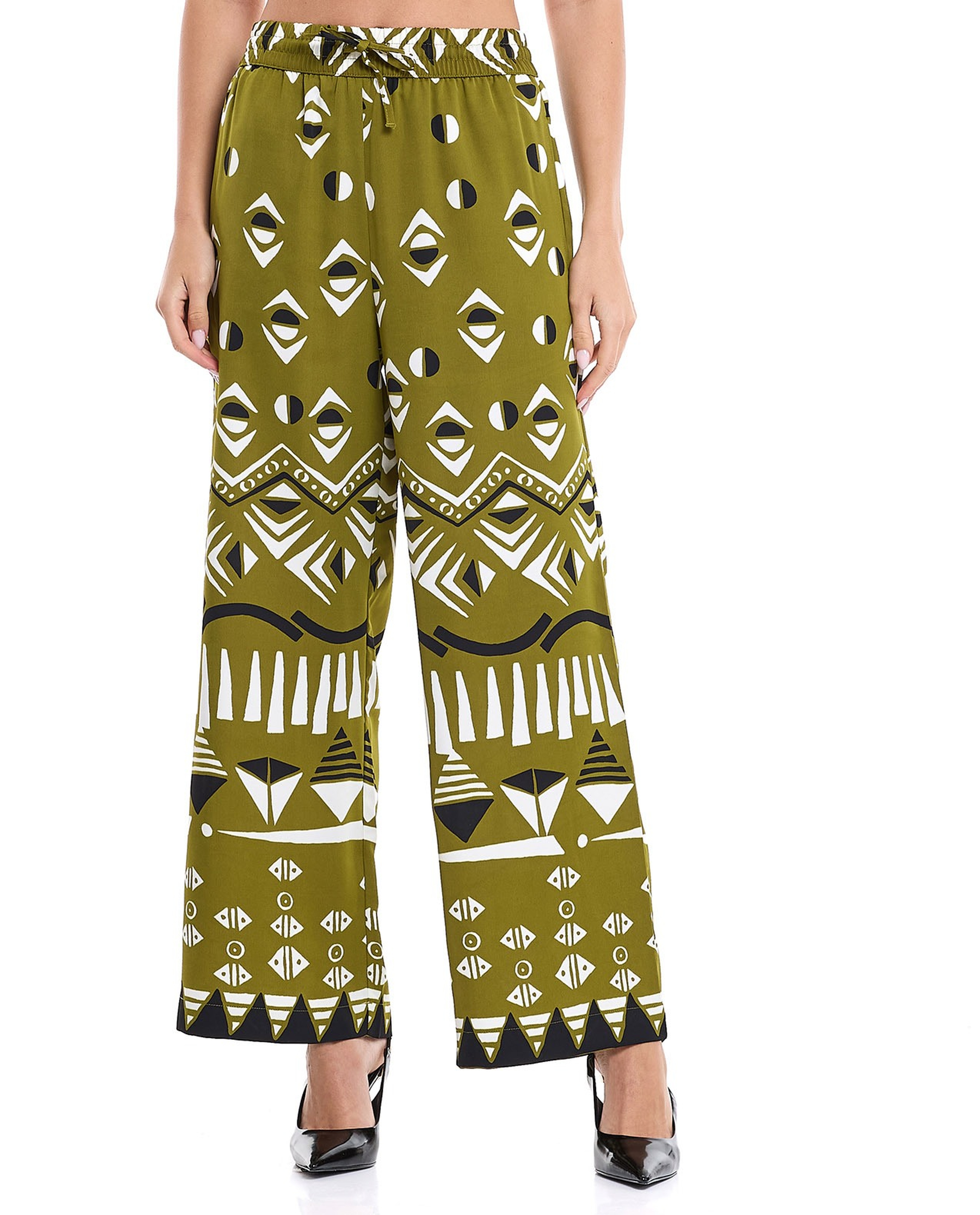 Patterned Wide Leg Pants with Elastic Waist