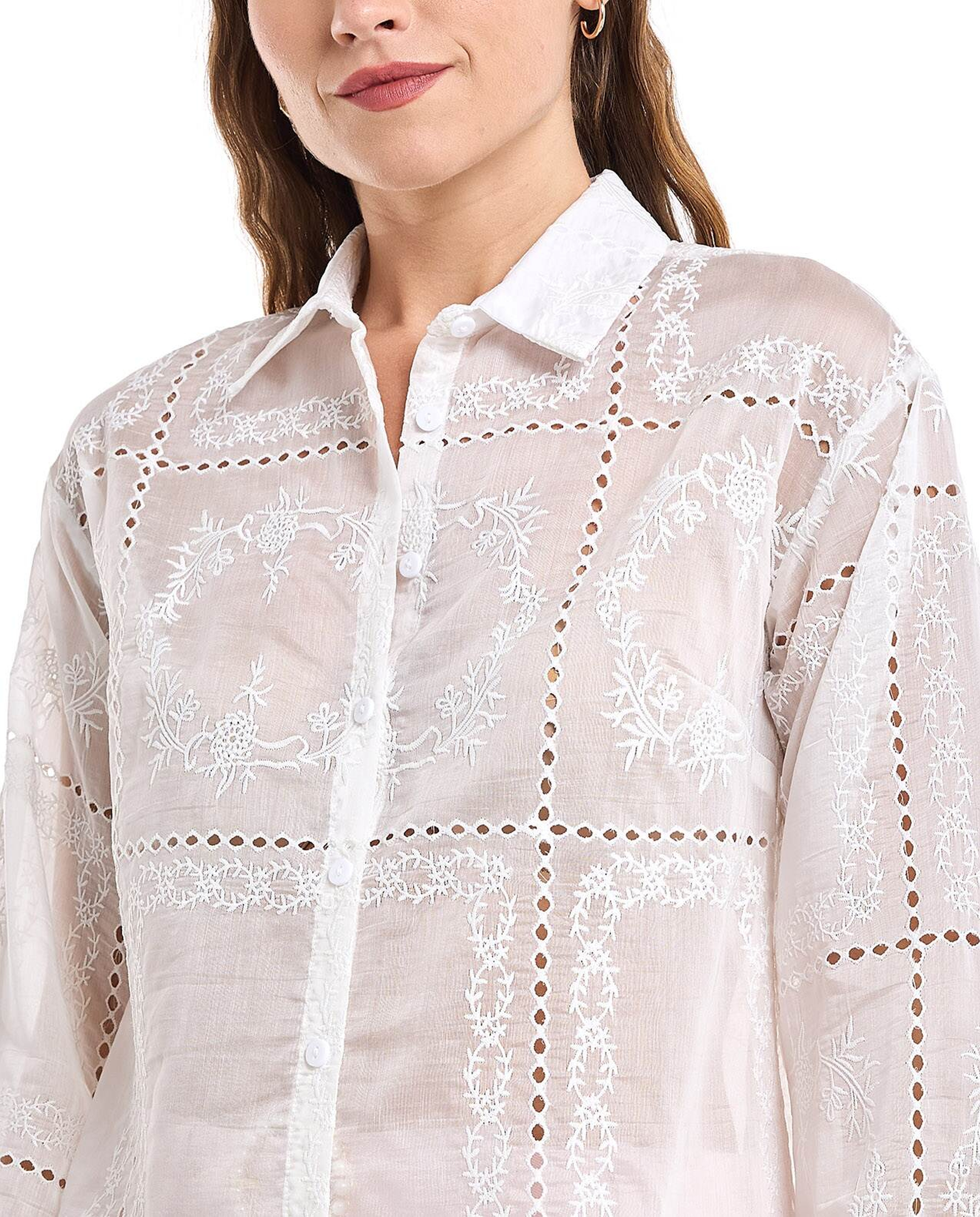 Embroidered Shirt with Classic Collar and Bishop Sleeves