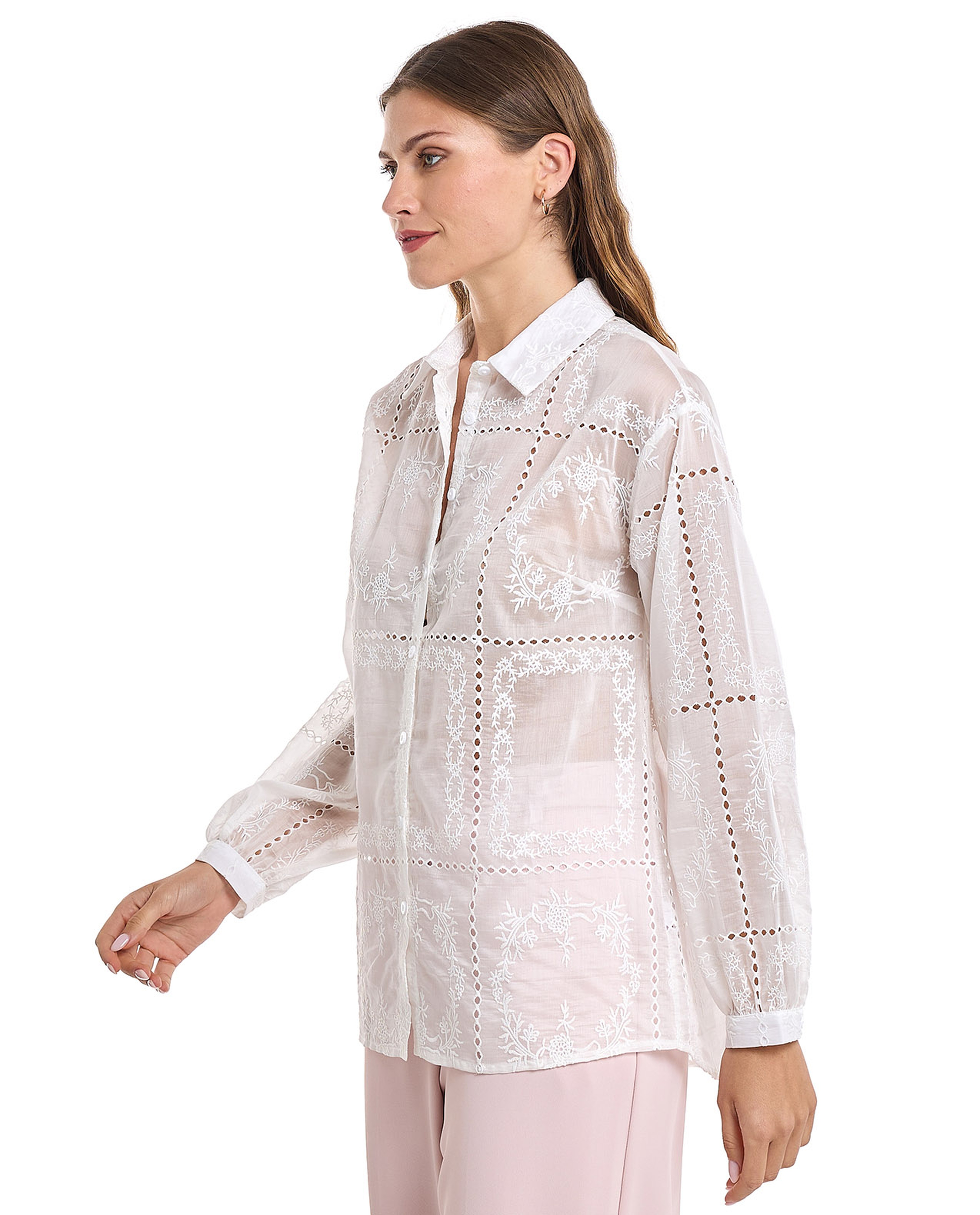 Embroidered Shirt with Classic Collar and Bishop Sleeves