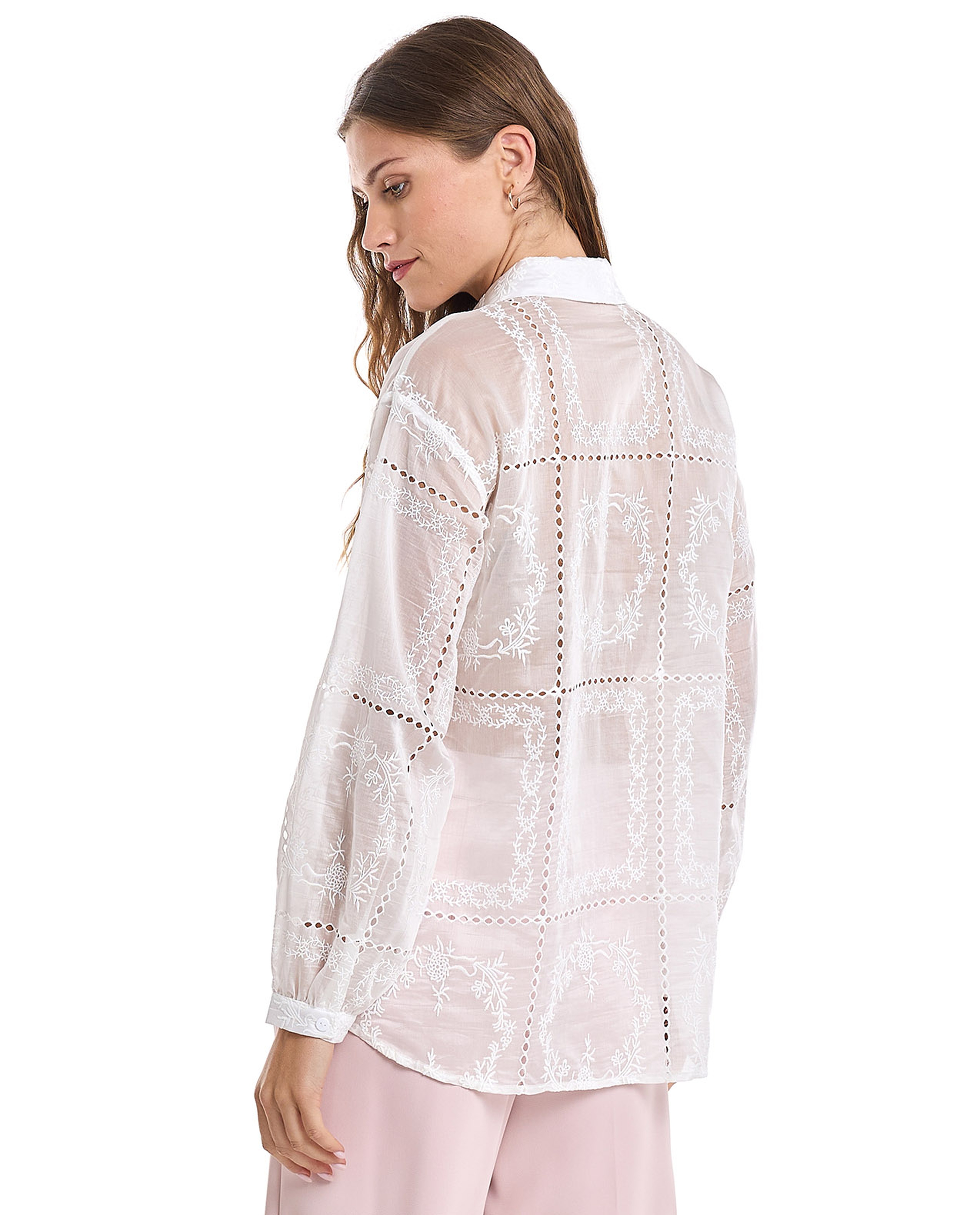 Embroidered Shirt with Classic Collar and Bishop Sleeves