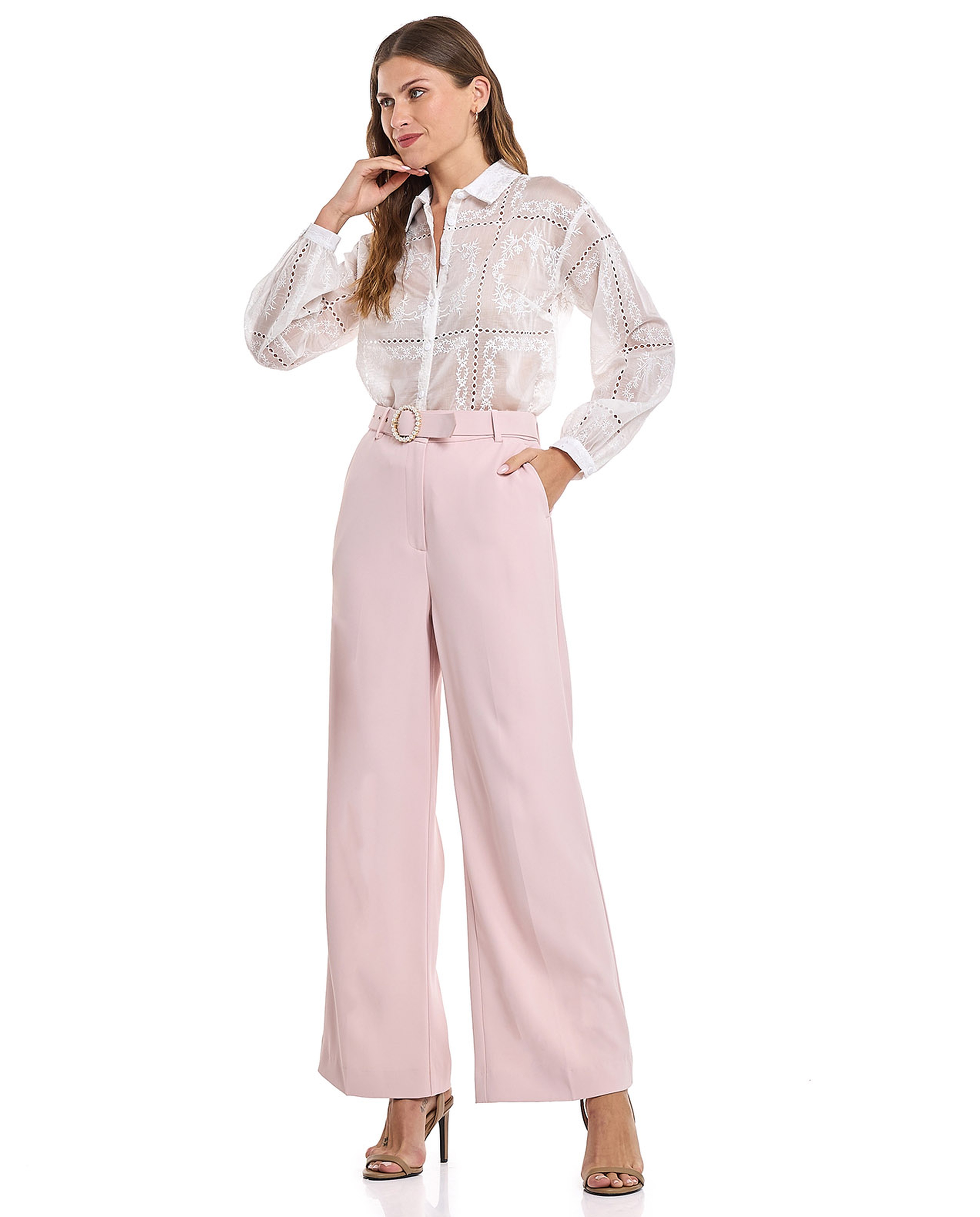 Embroidered Shirt with Classic Collar and Bishop Sleeves