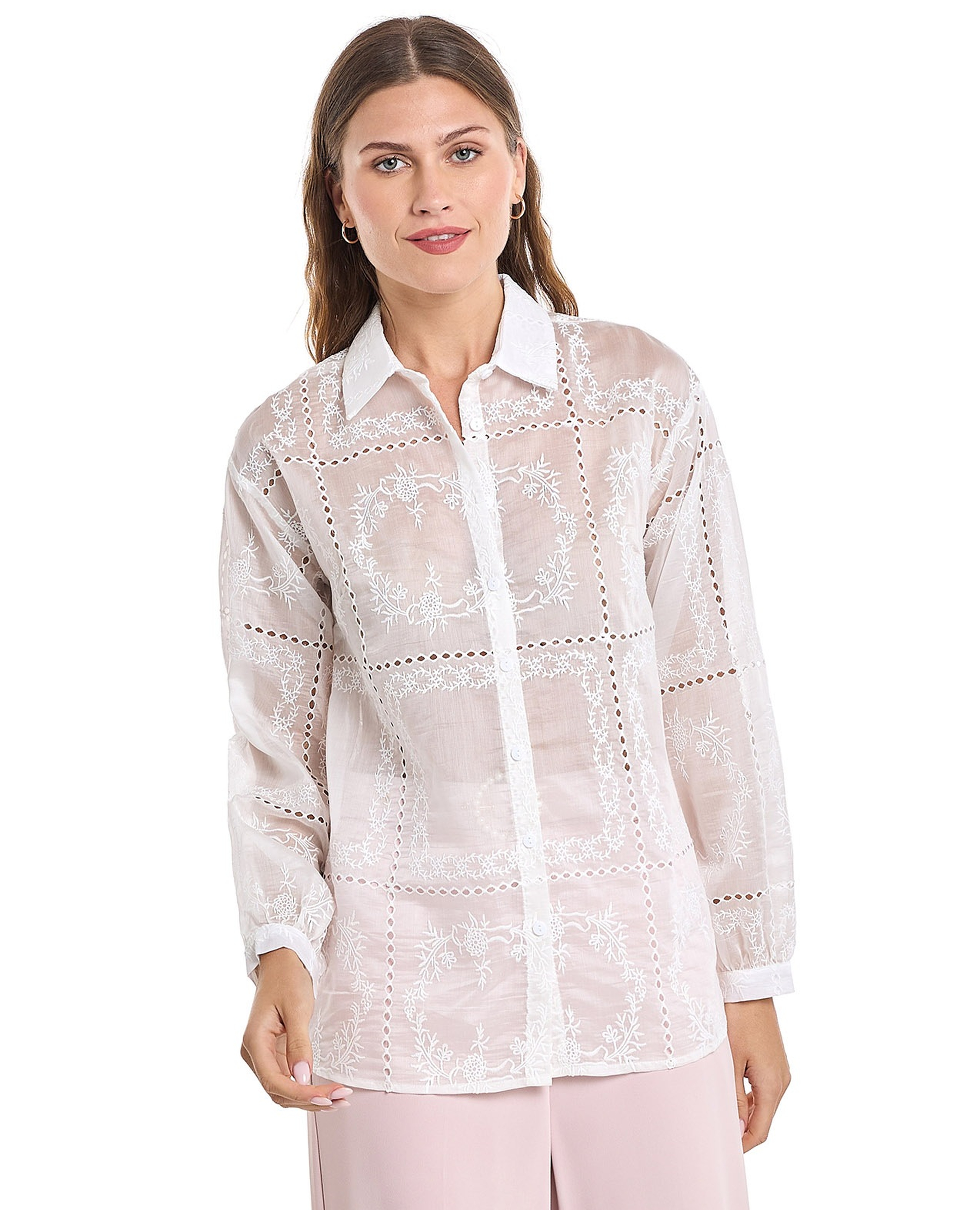 Embroidered Shirt with Classic Collar and Bishop Sleeves