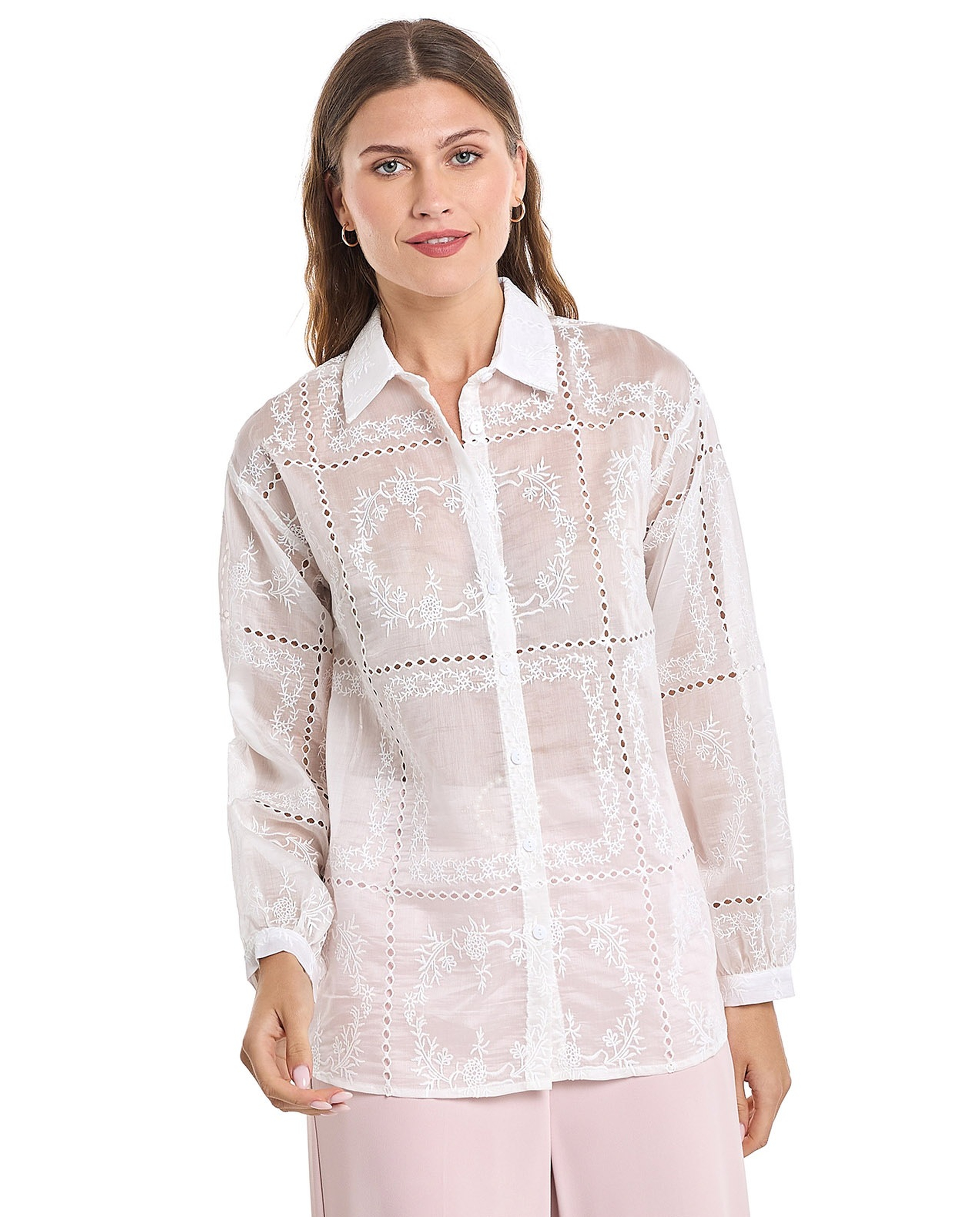 Embroidered Shirt with Classic Collar and Bishop Sleeves