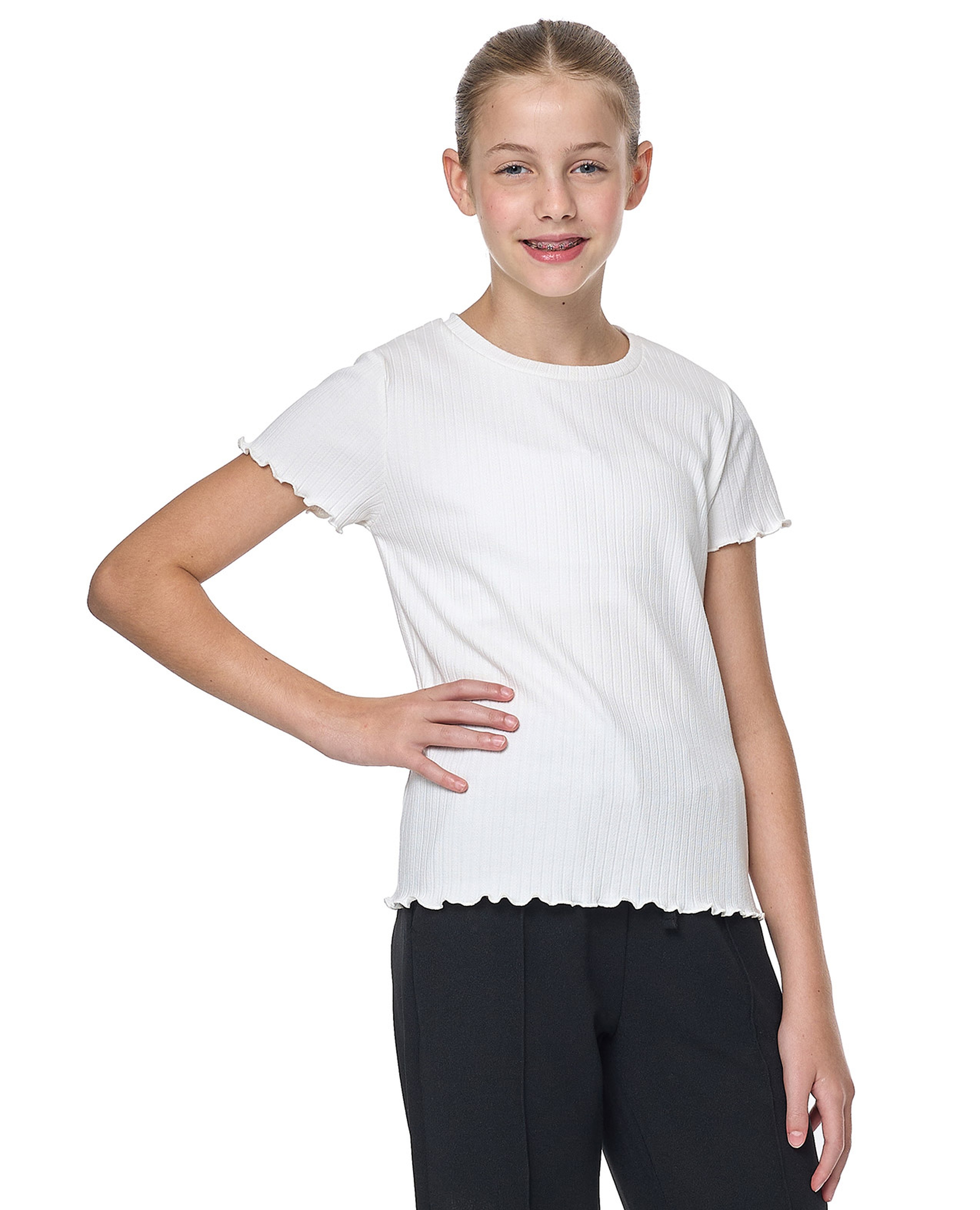 Ribbed Top with Crew Neck and Short Sleeves