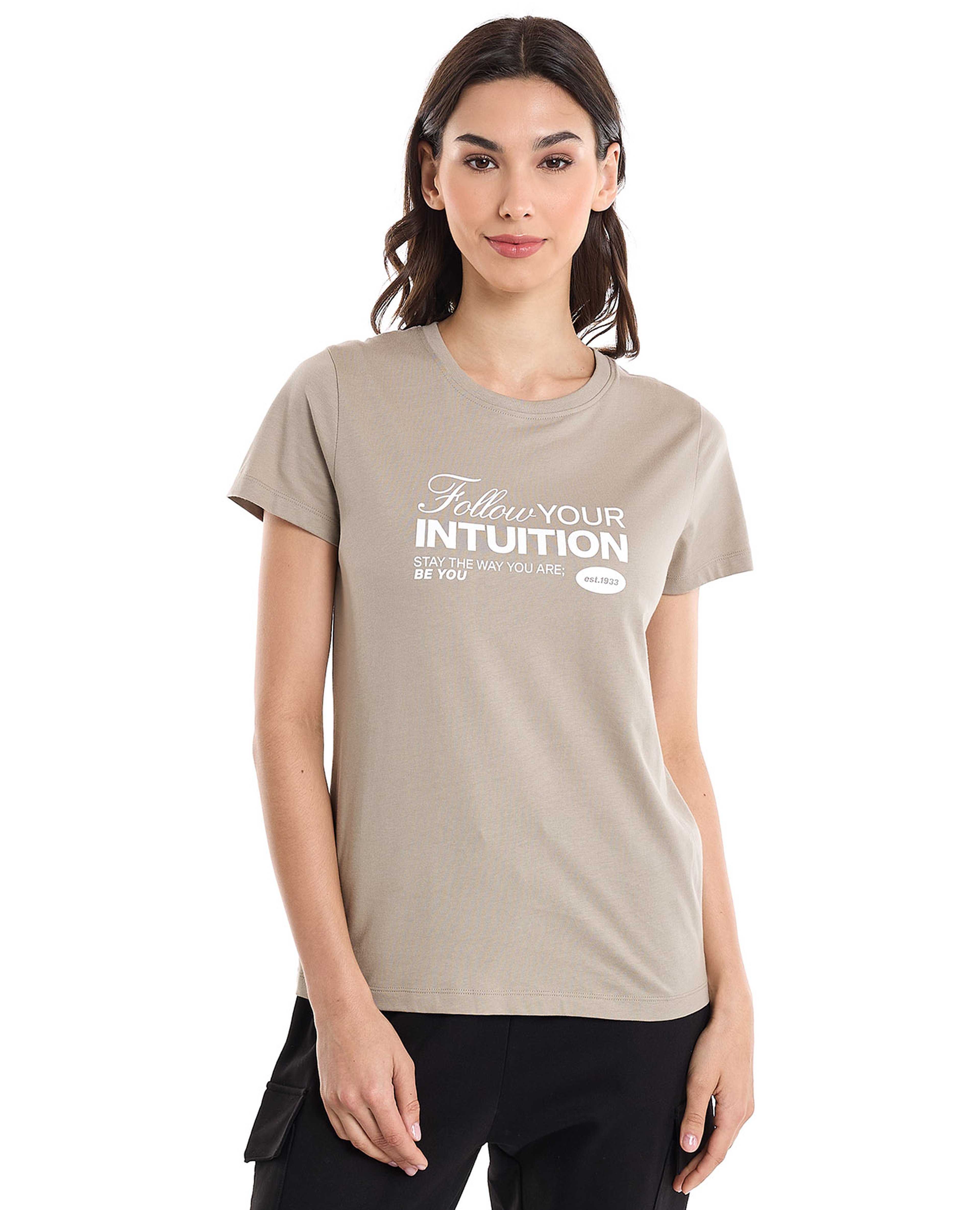 Typography Print T-Shirt with Crew Neck and Short Sleeves