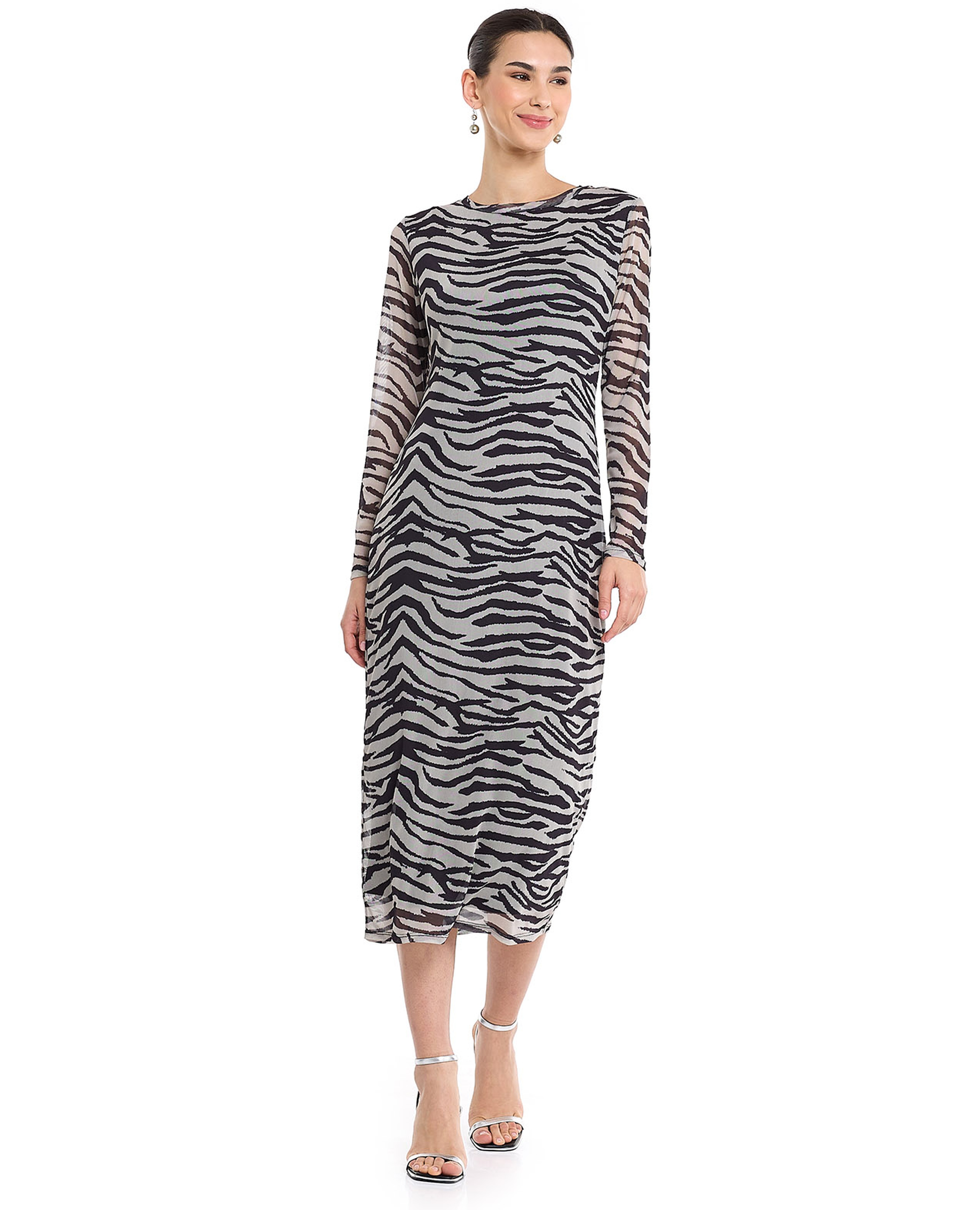 Zebra Print Sheath Dress with Crew Neck and Long Sleeves