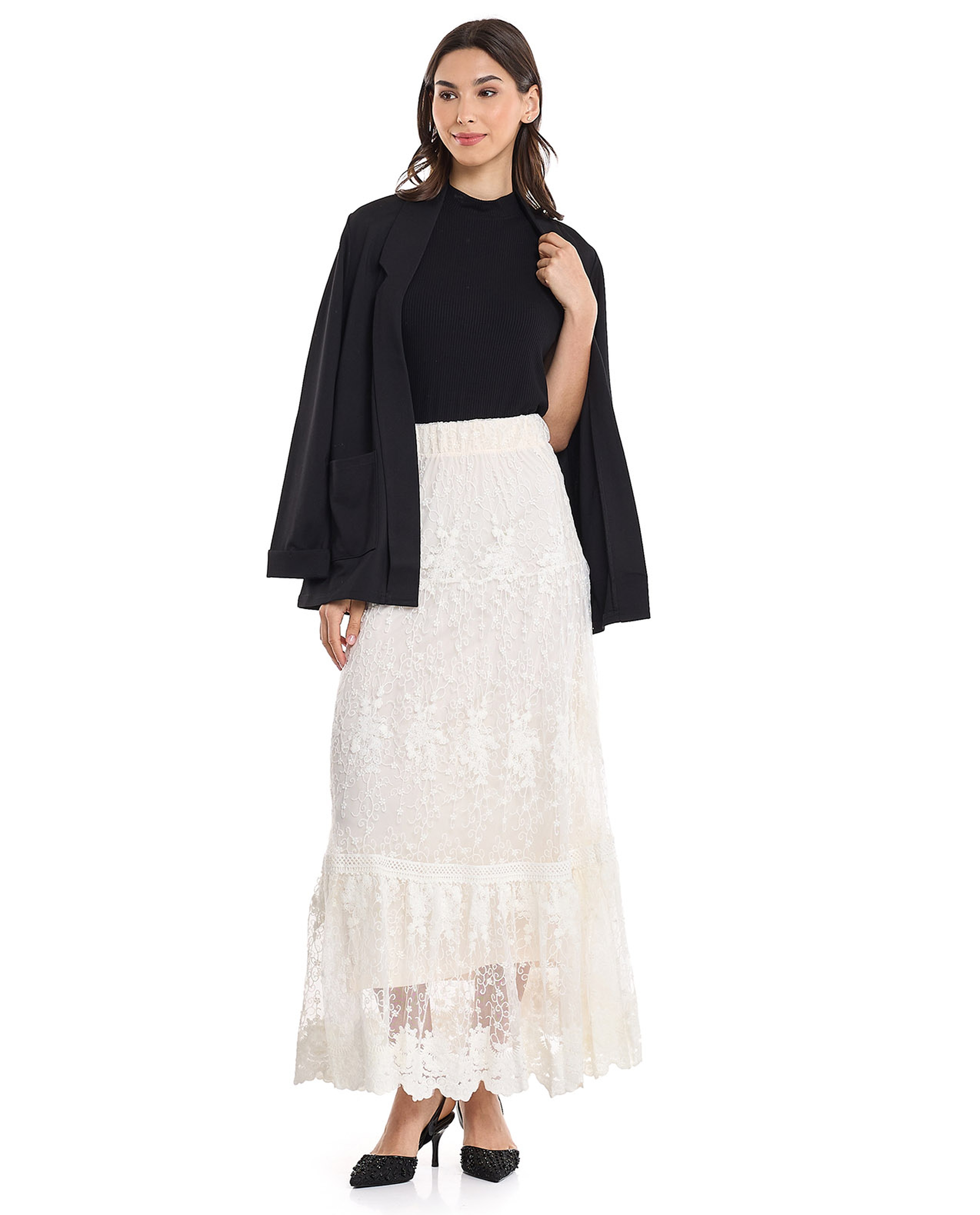 Laced Tiered Skirt with Elastic Waist