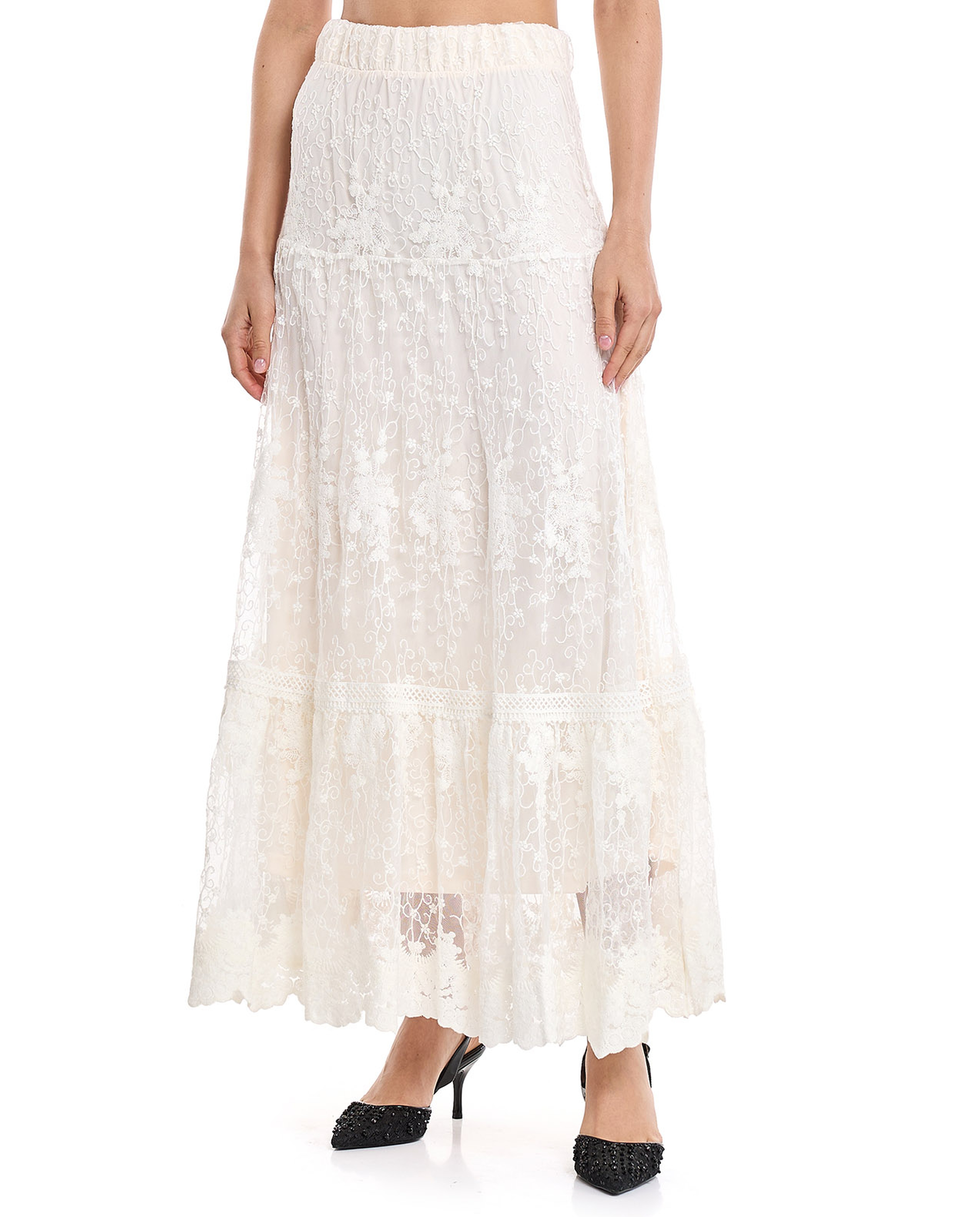 Laced Tiered Skirt with Elastic Waist