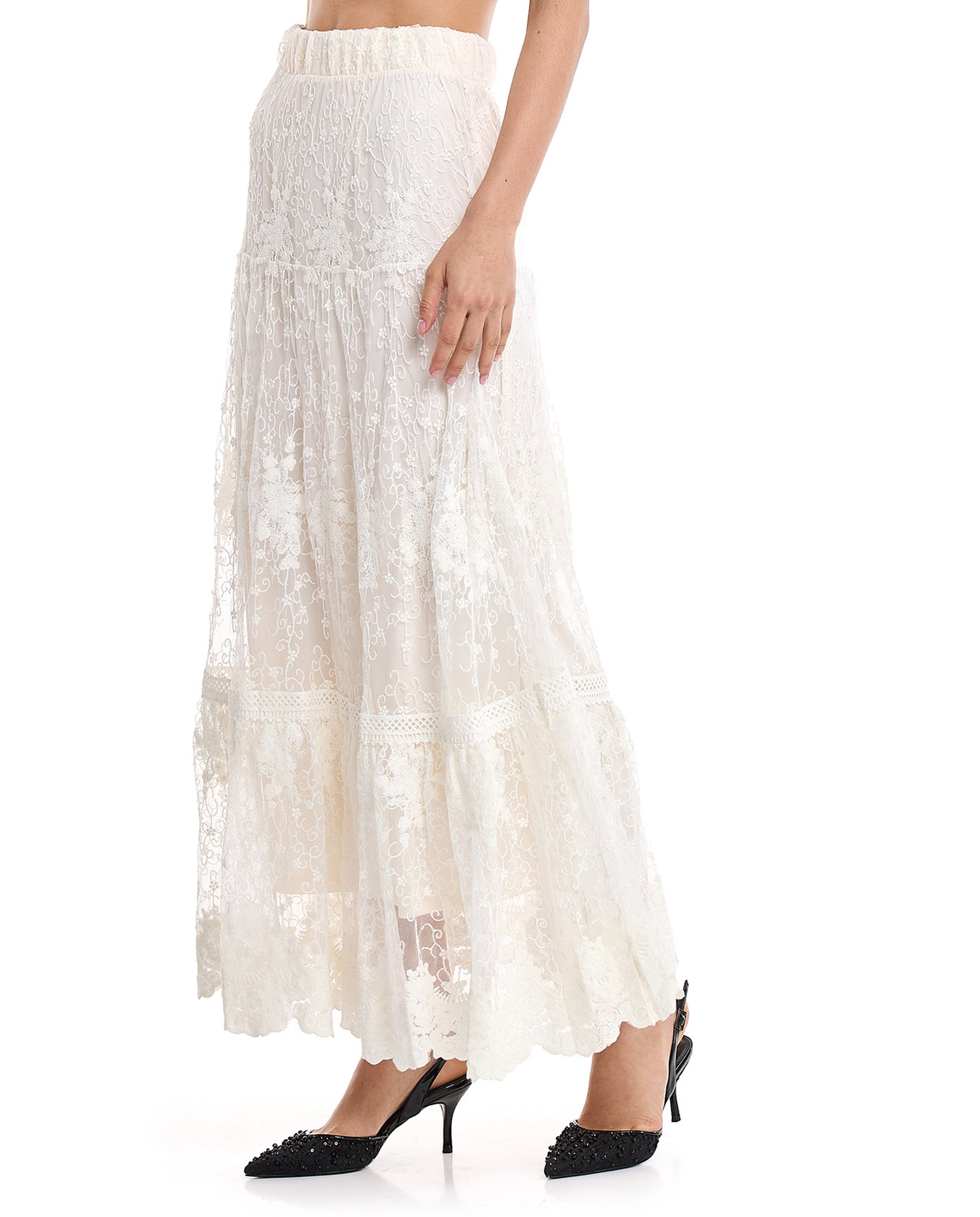 Laced Tiered Skirt with Elastic Waist