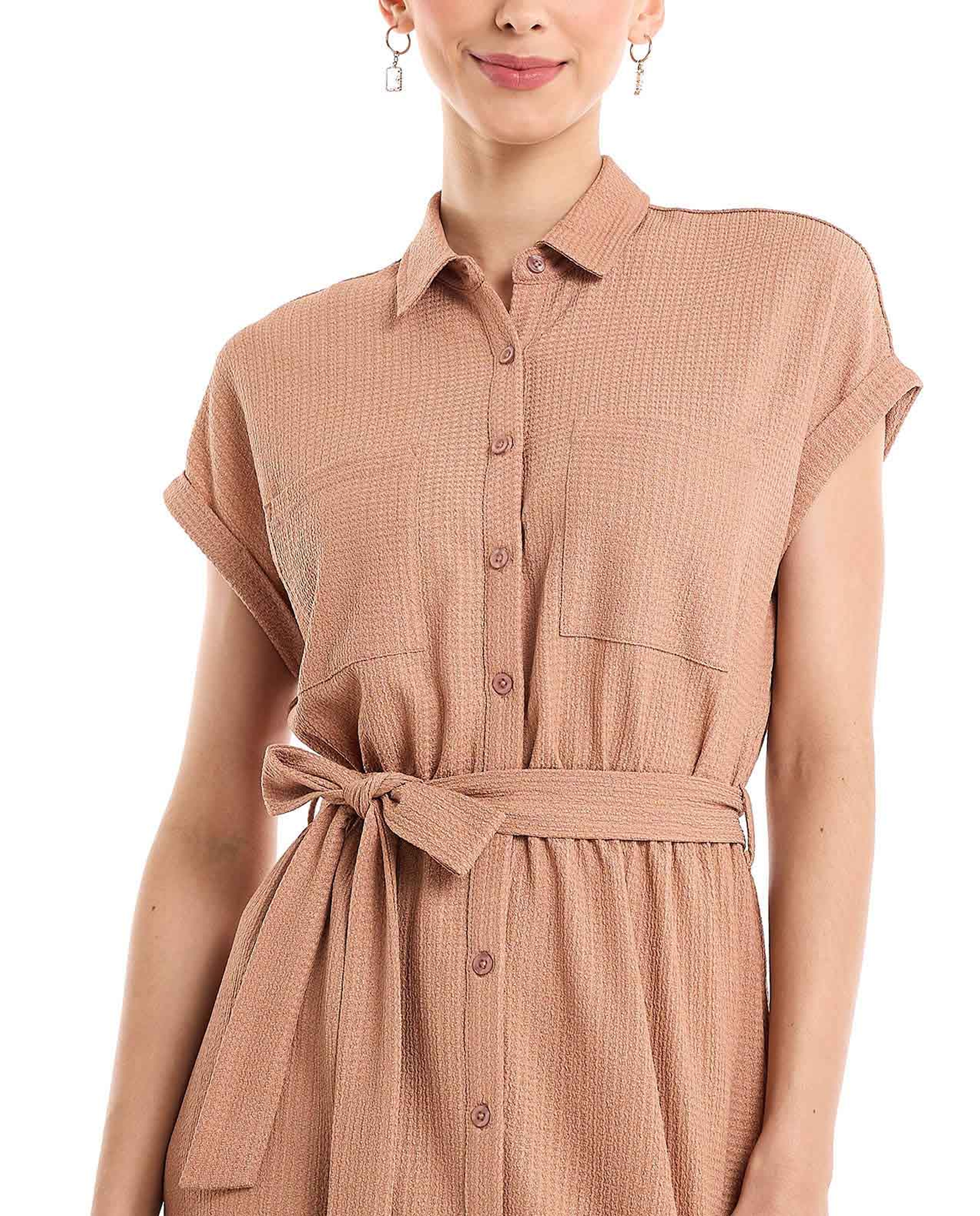 Textured Shirt Dress with Short Sleeves