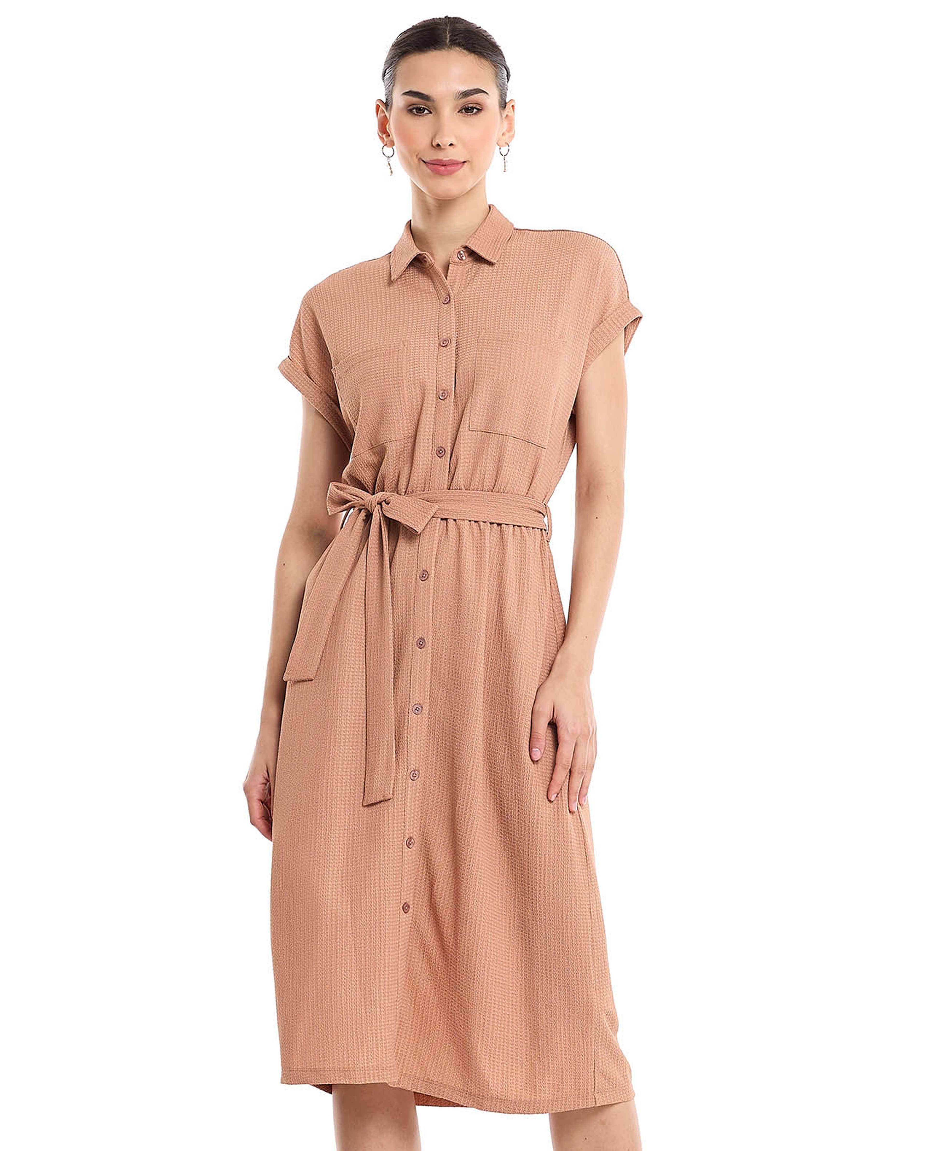 Textured Shirt Dress with Short Sleeves