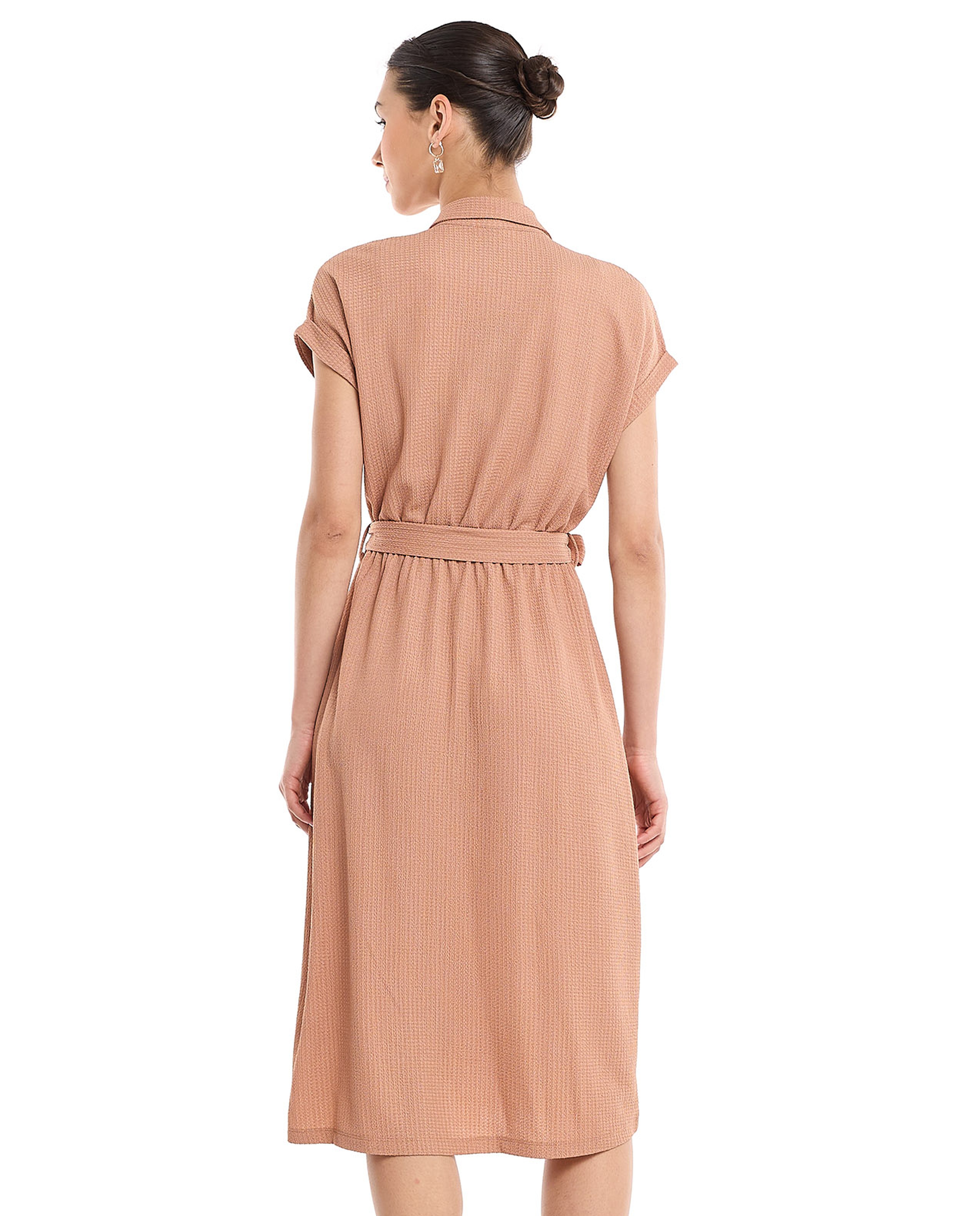 Textured Shirt Dress with Short Sleeves