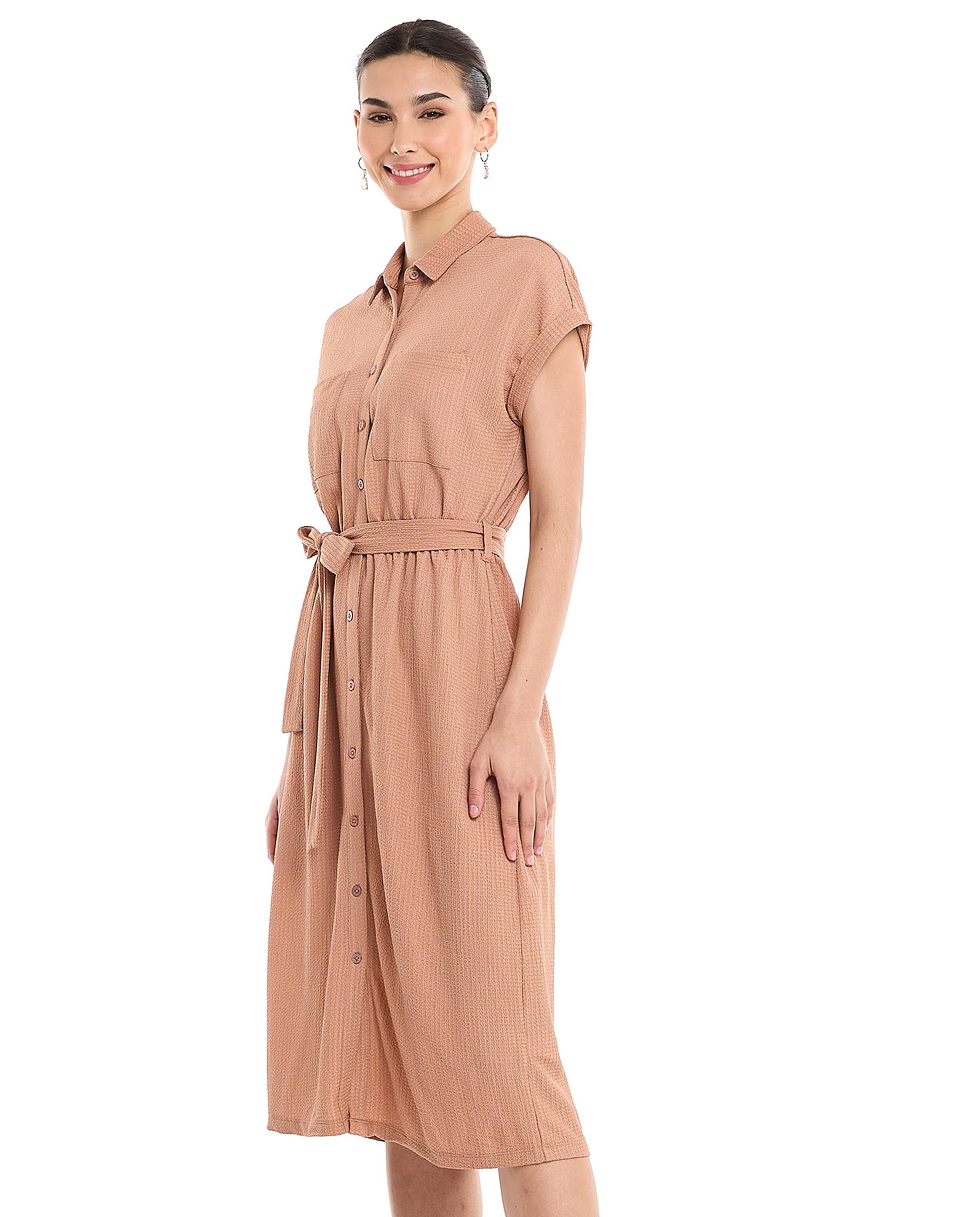 Textured Shirt Dress with Short Sleeves