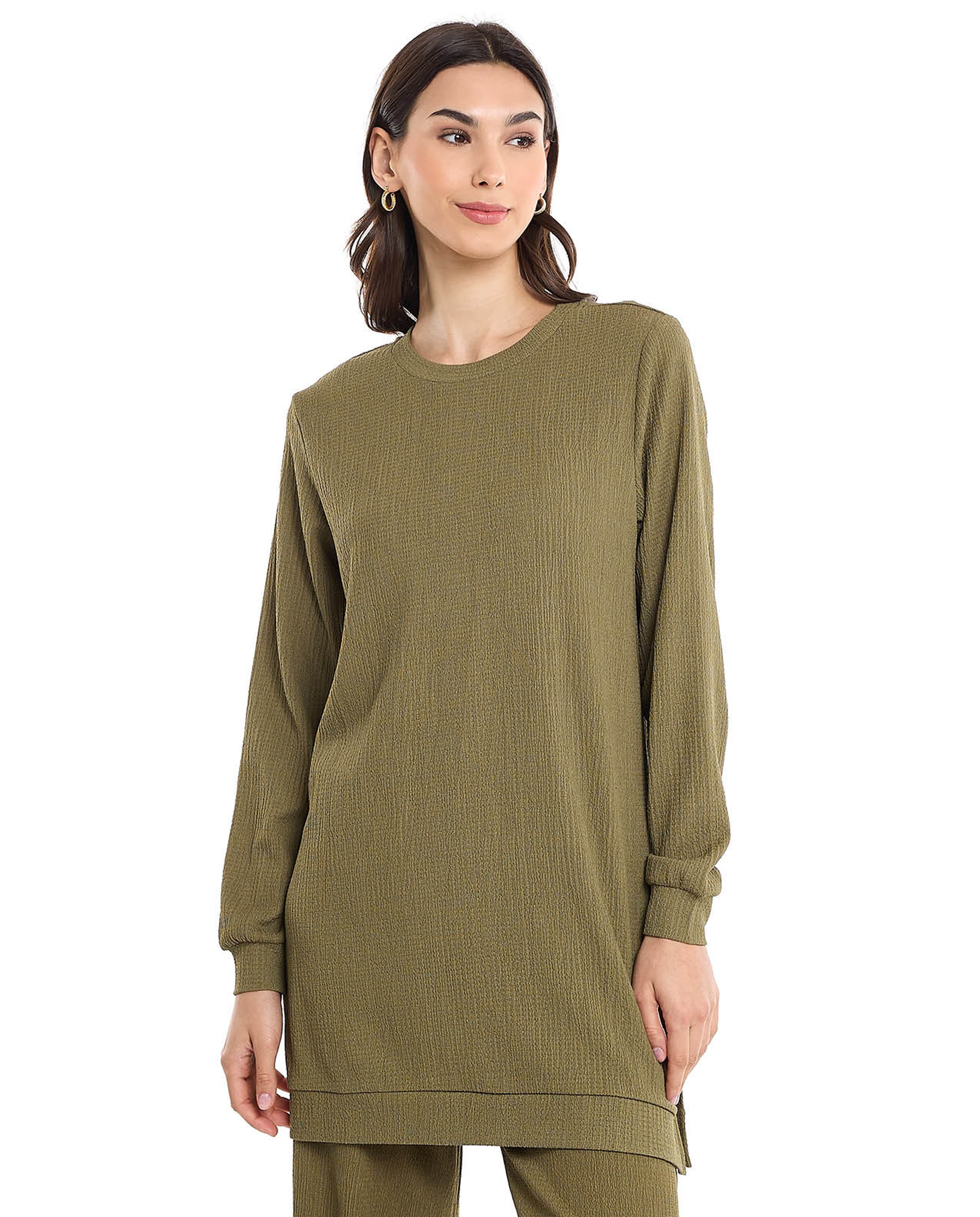 Solid Tunic with Crew Neck and Long Sleeves