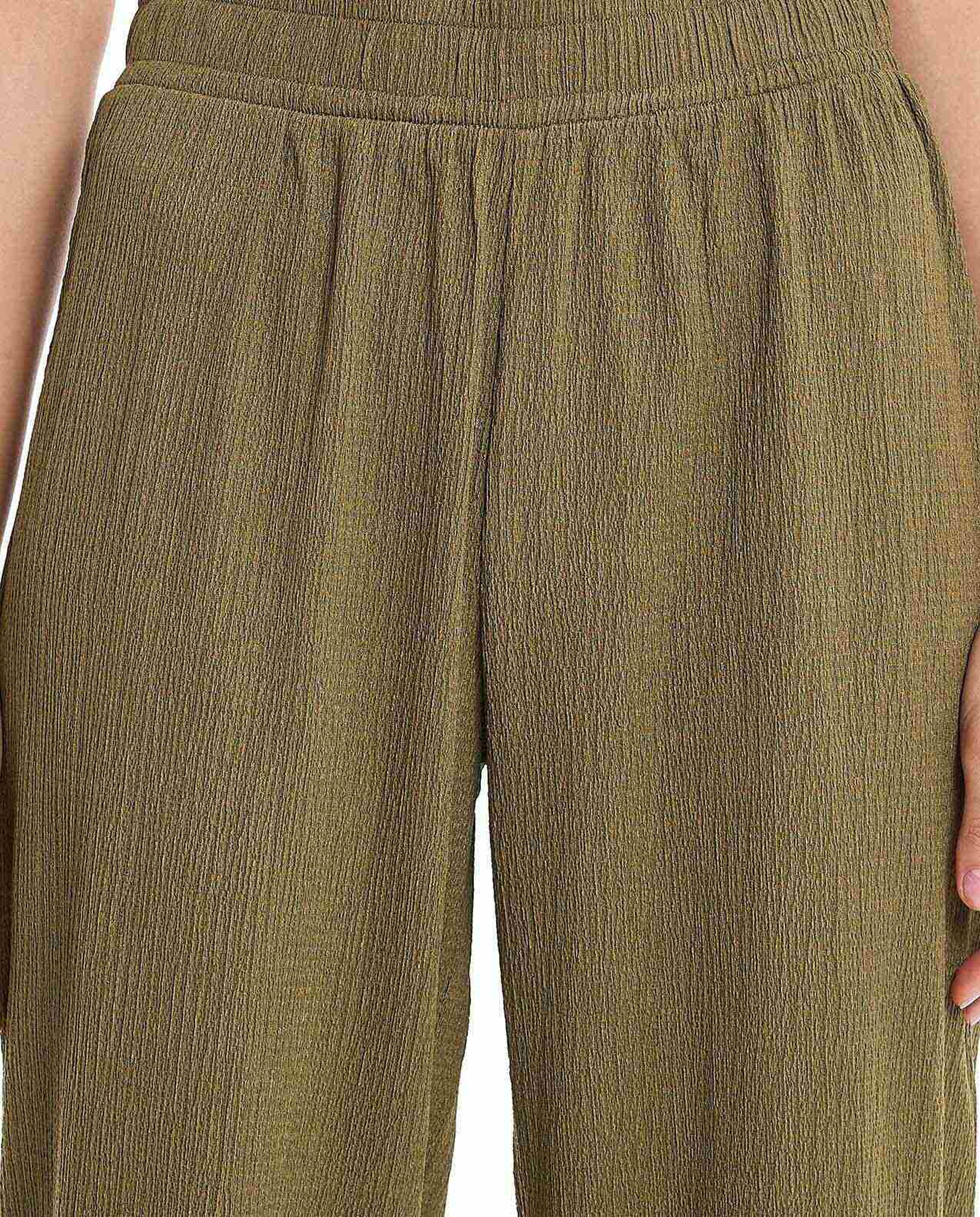 Textured Wide Leg Pants with Elastic Waist