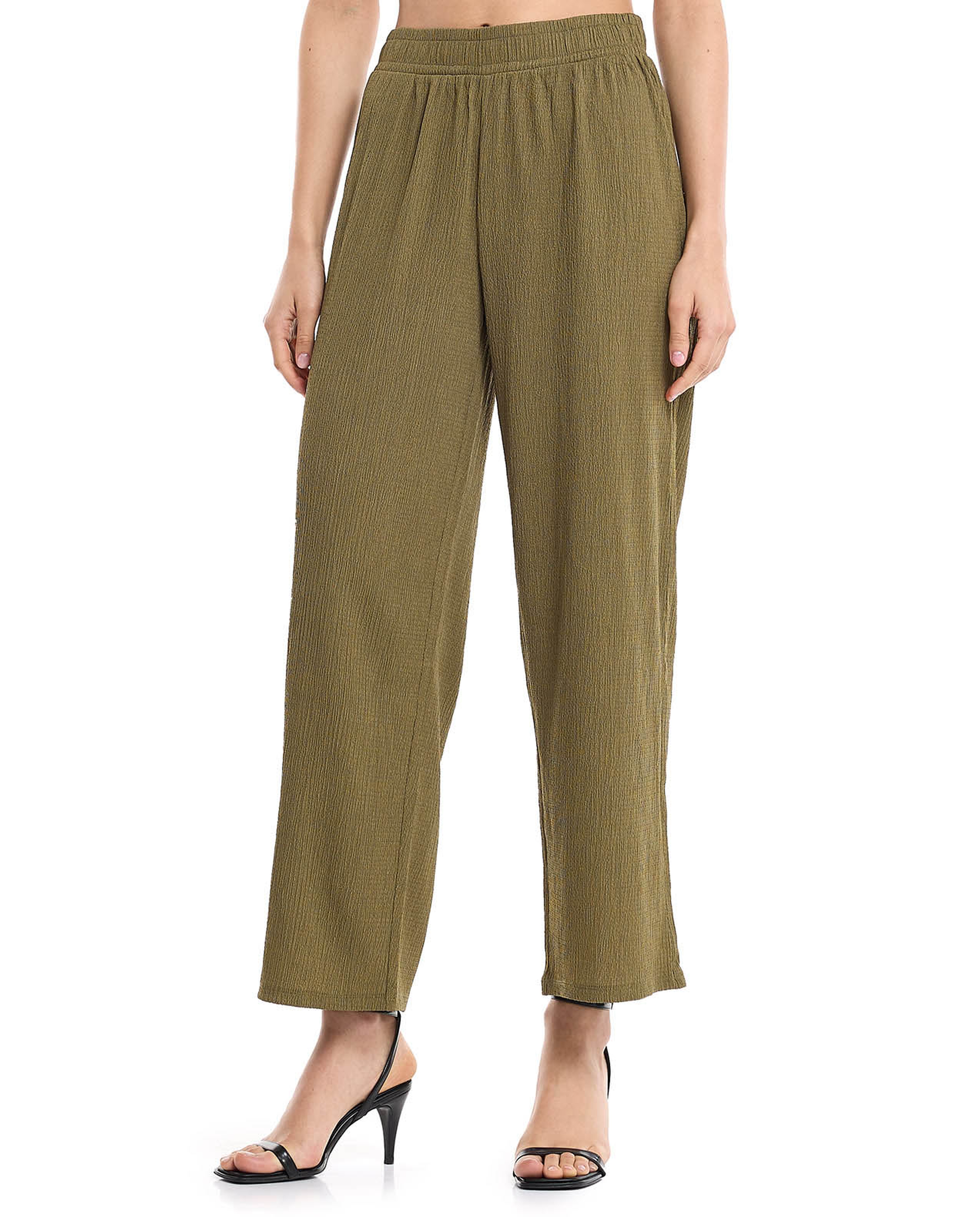 Textured Wide Leg Pants with Elastic Waist