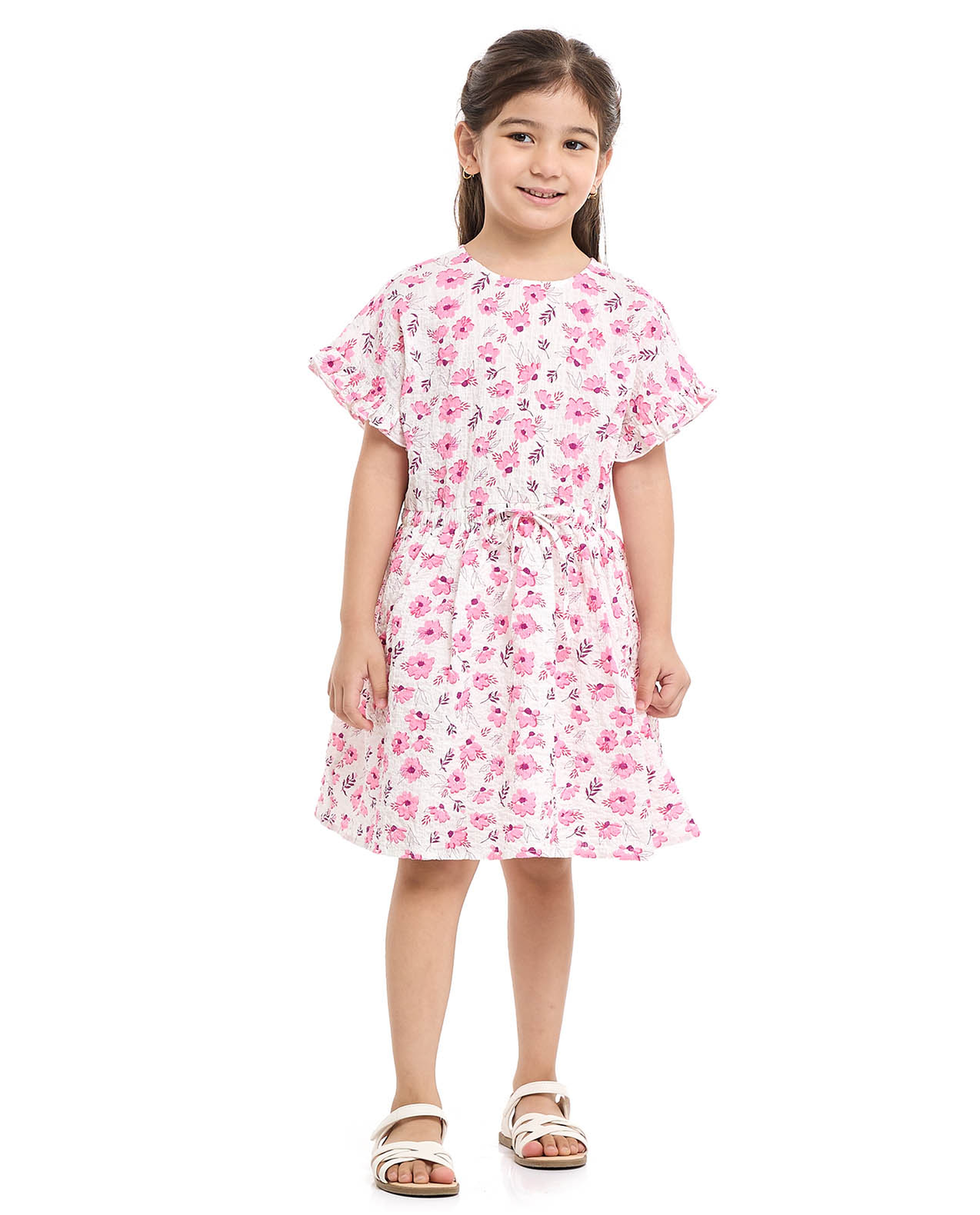 Floral Print Fit and Flared Dress with Short Sleeves