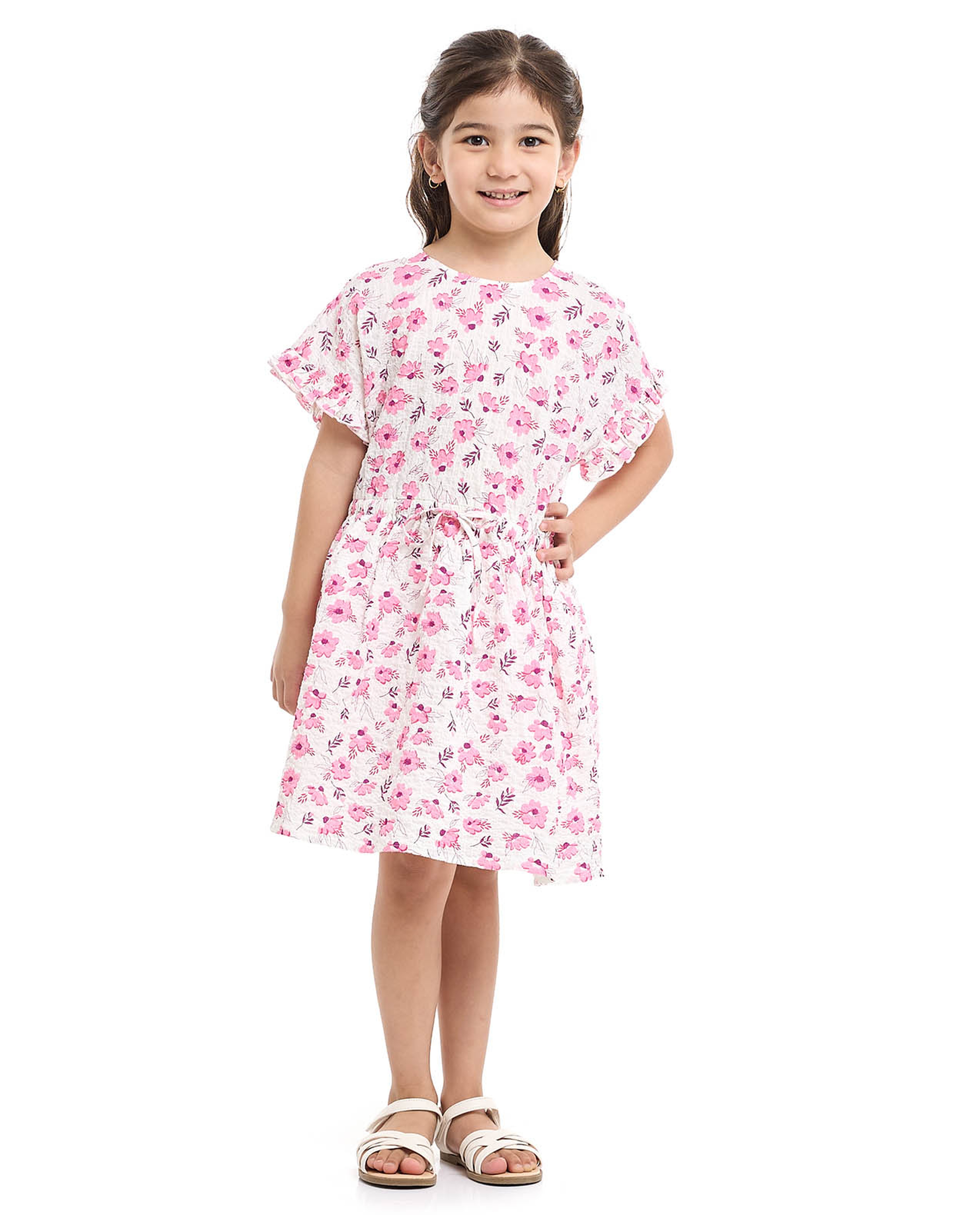 Floral Print Fit and Flared Dress with Short Sleeves