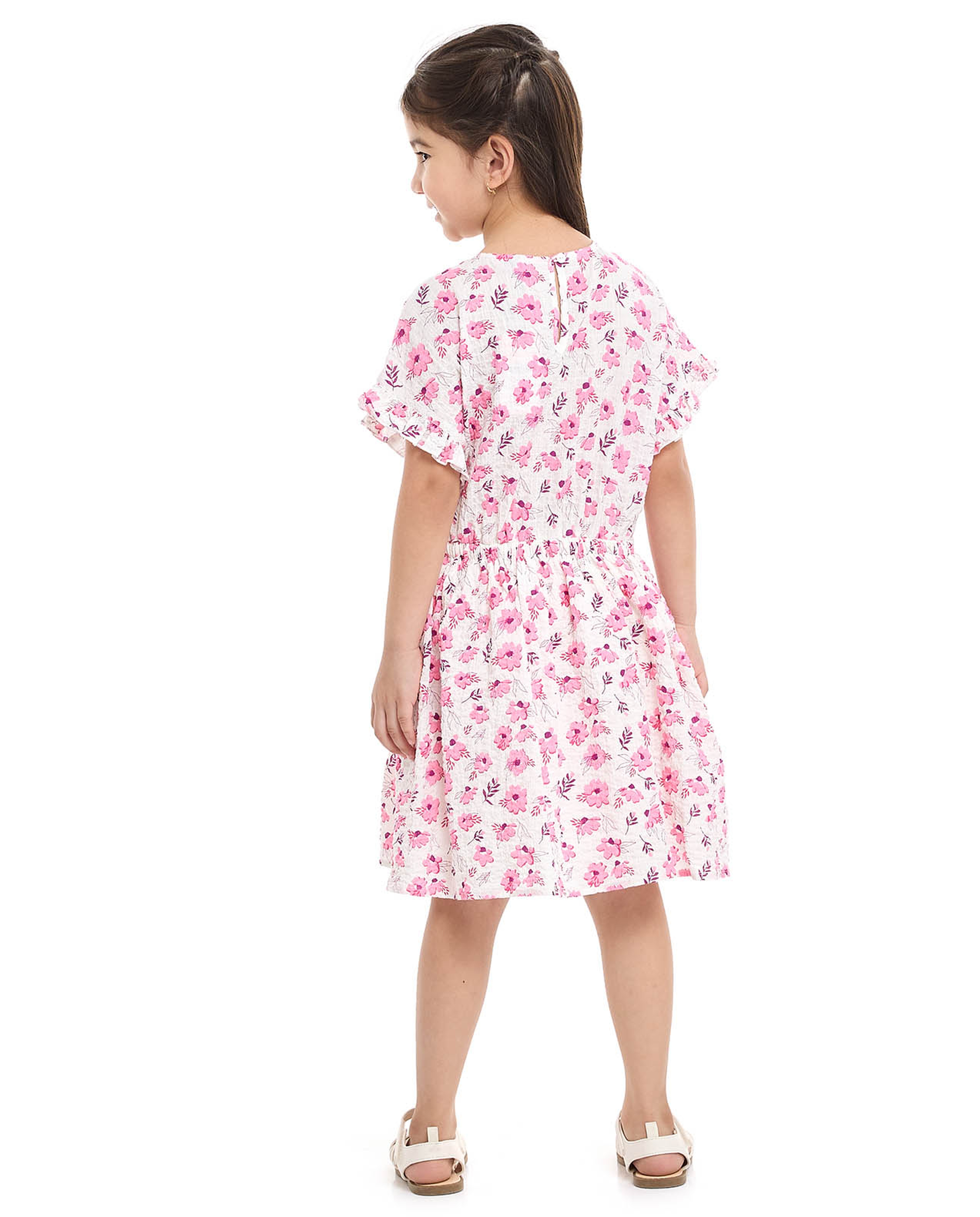 Floral Print Fit and Flared Dress with Short Sleeves