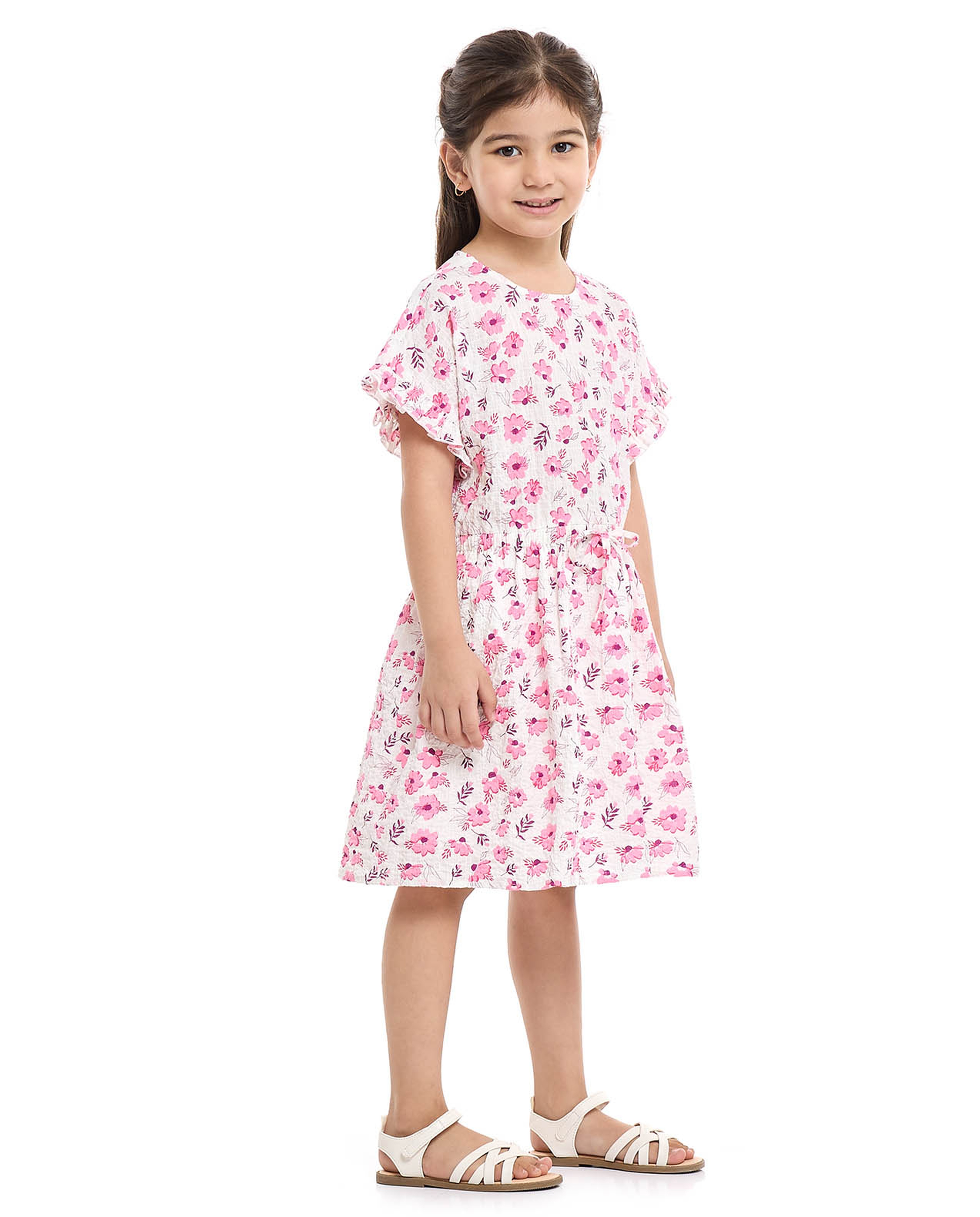 Floral Print Fit and Flared Dress with Short Sleeves