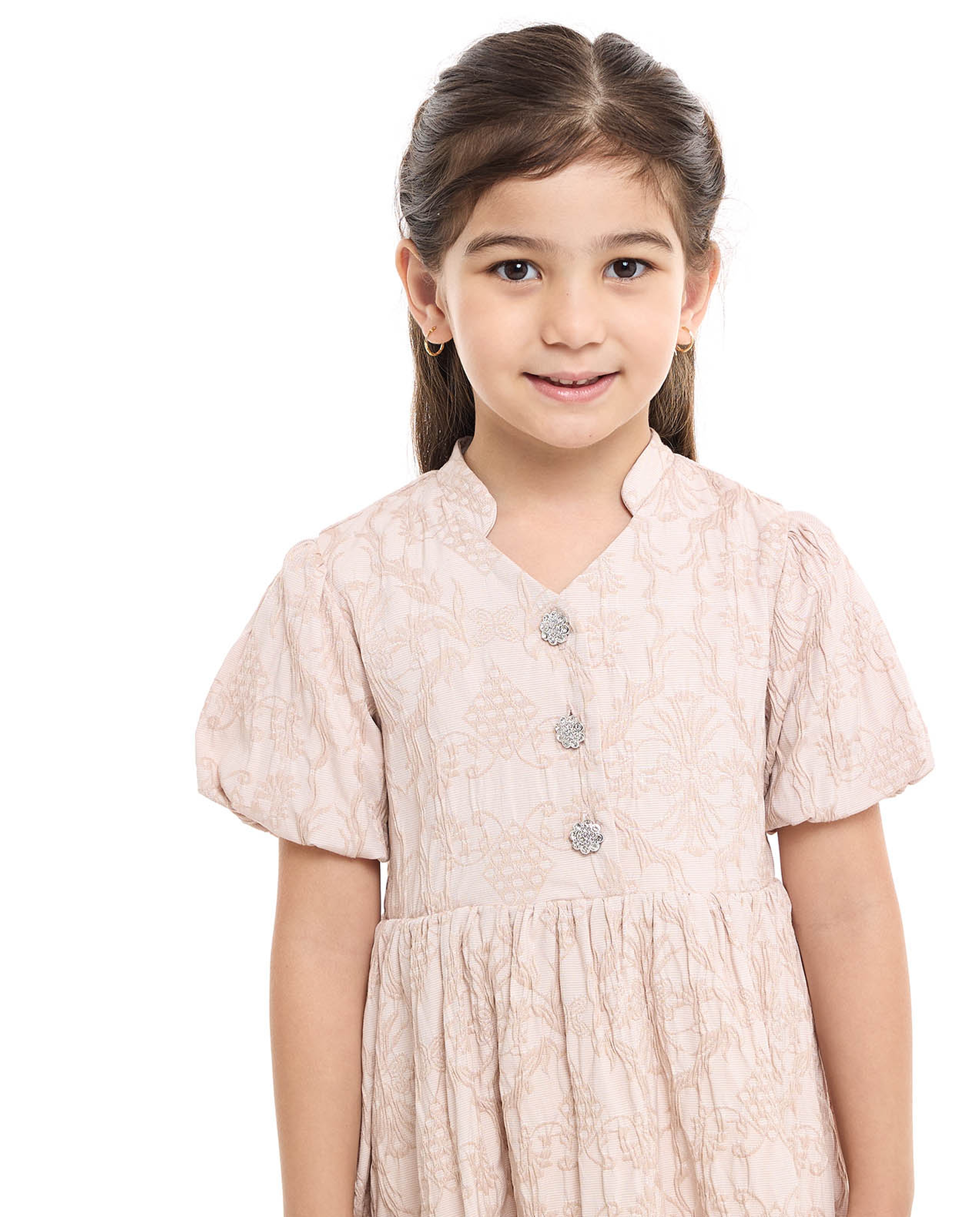 Embroidered Fit and Flare Dress with Puff Sleeves