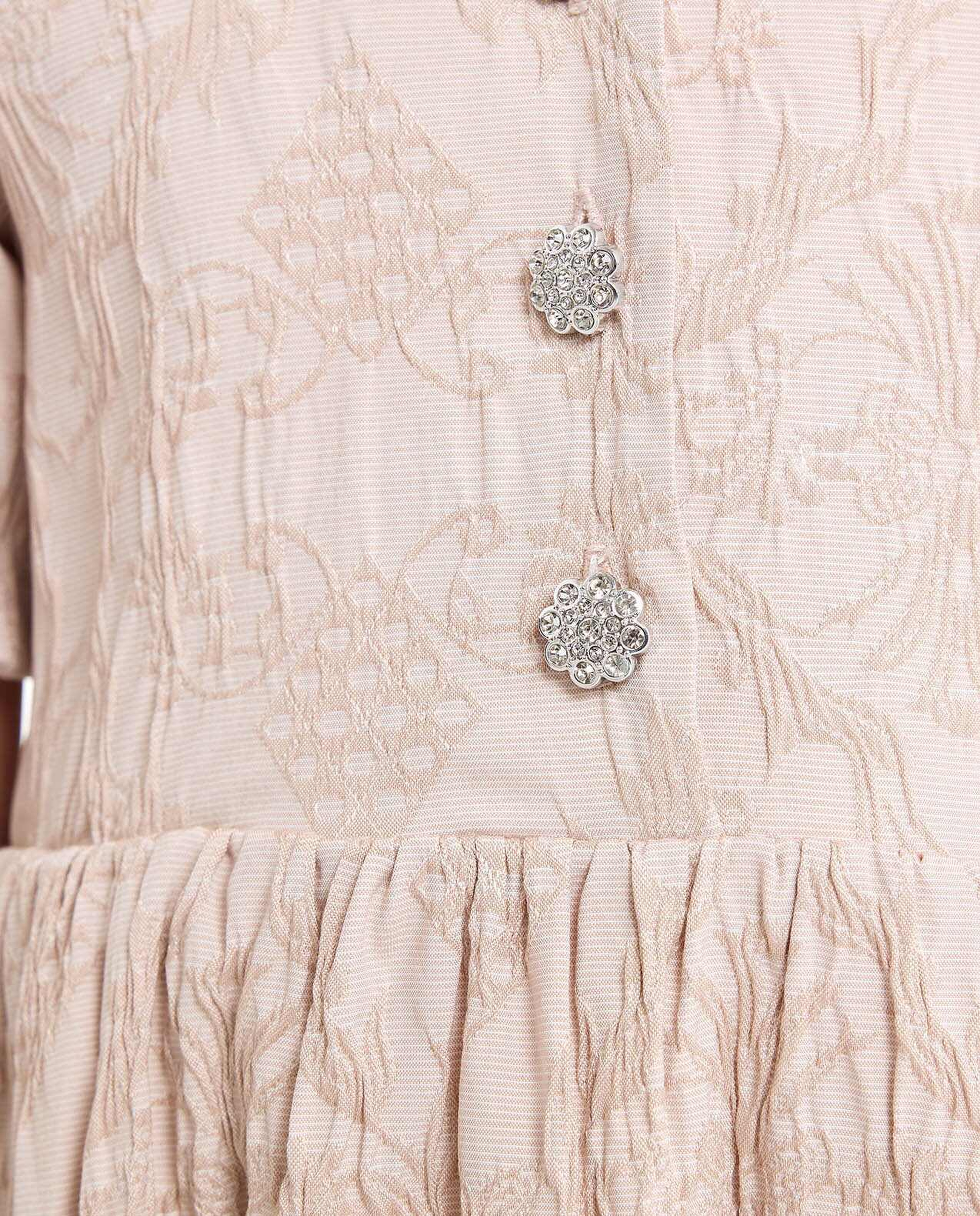 Embroidered Fit and Flare Dress with Puff Sleeves