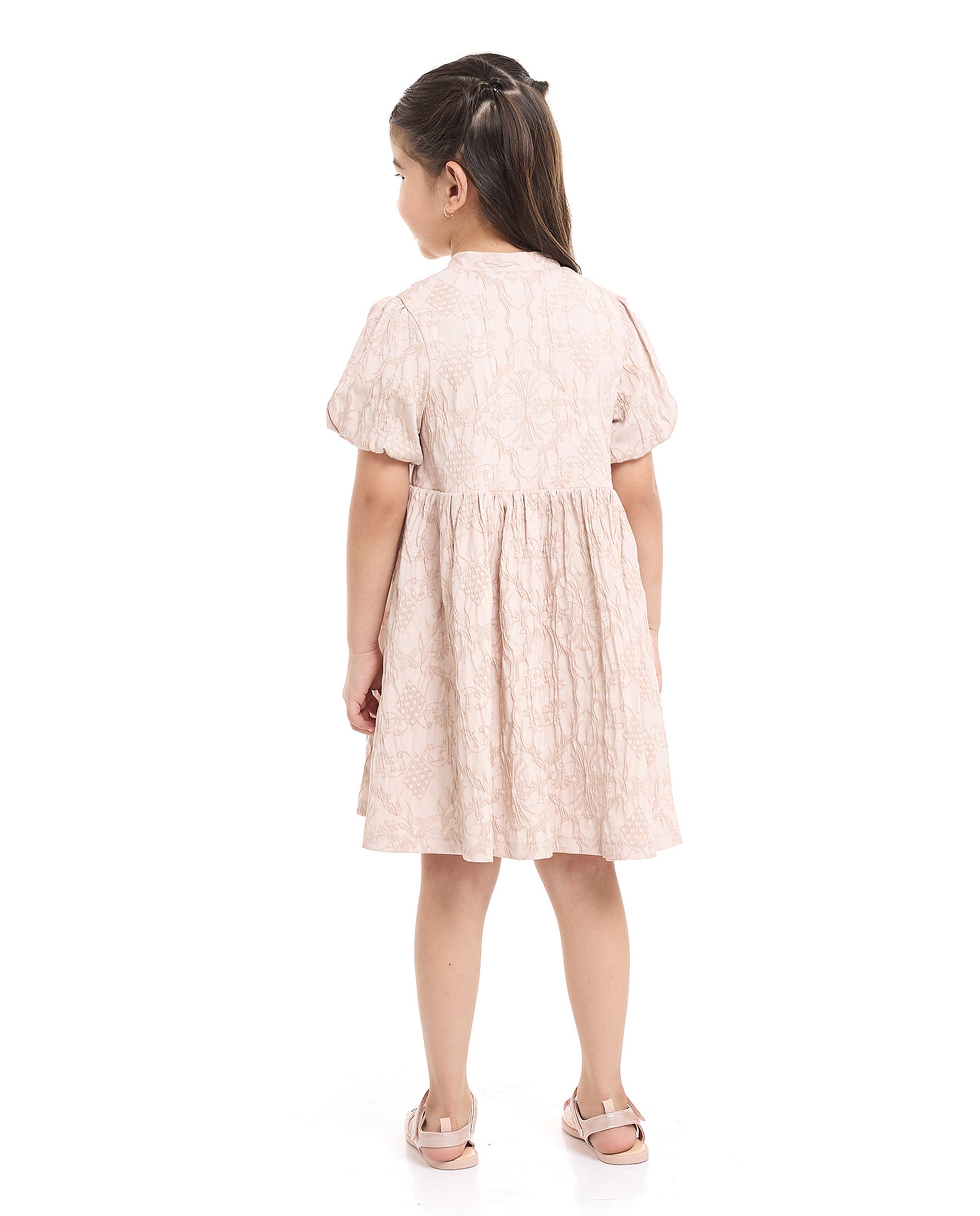 Embroidered Fit and Flare Dress with Puff Sleeves