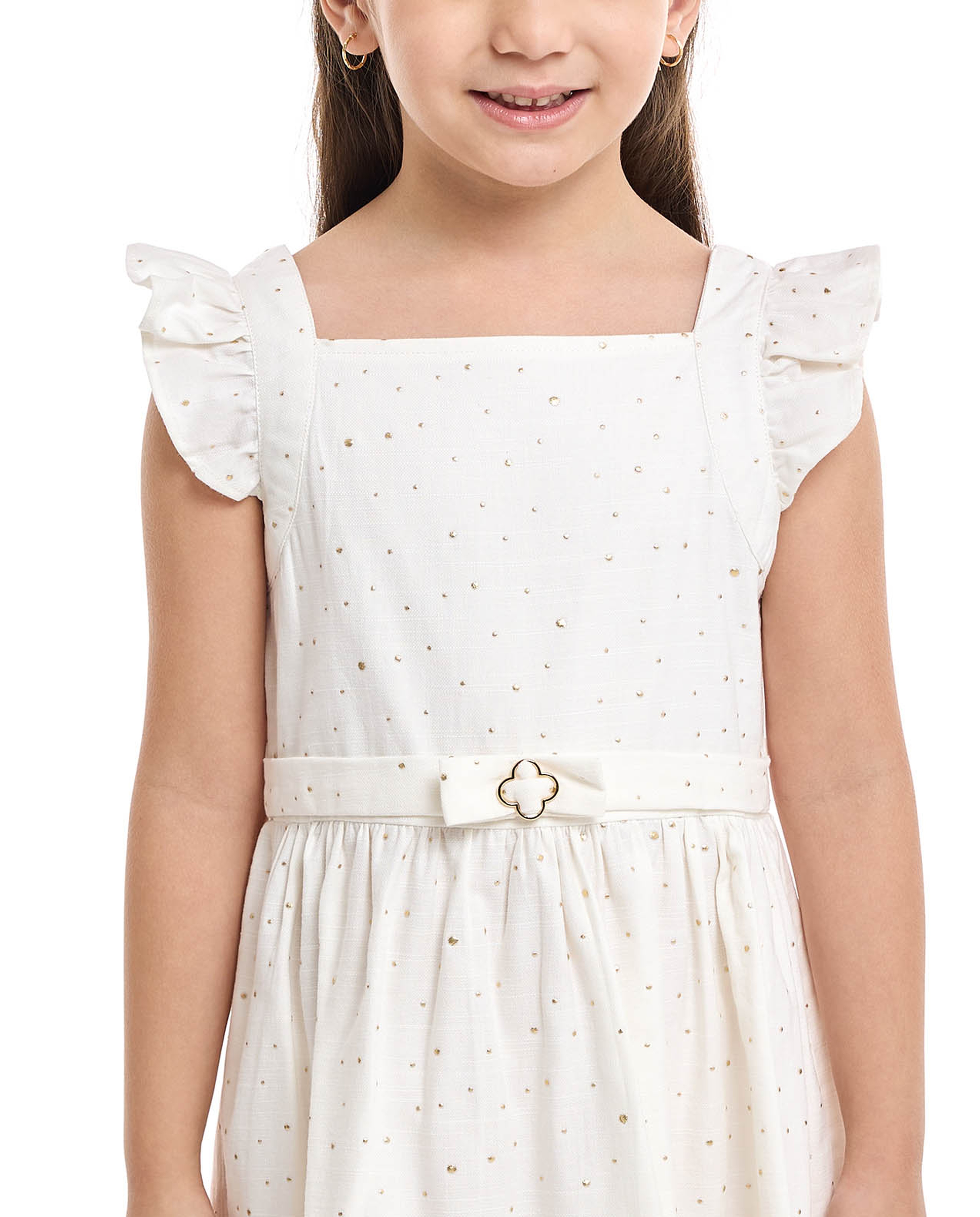 Embroidered Fit and Flare Dress with Flutter Sleeves