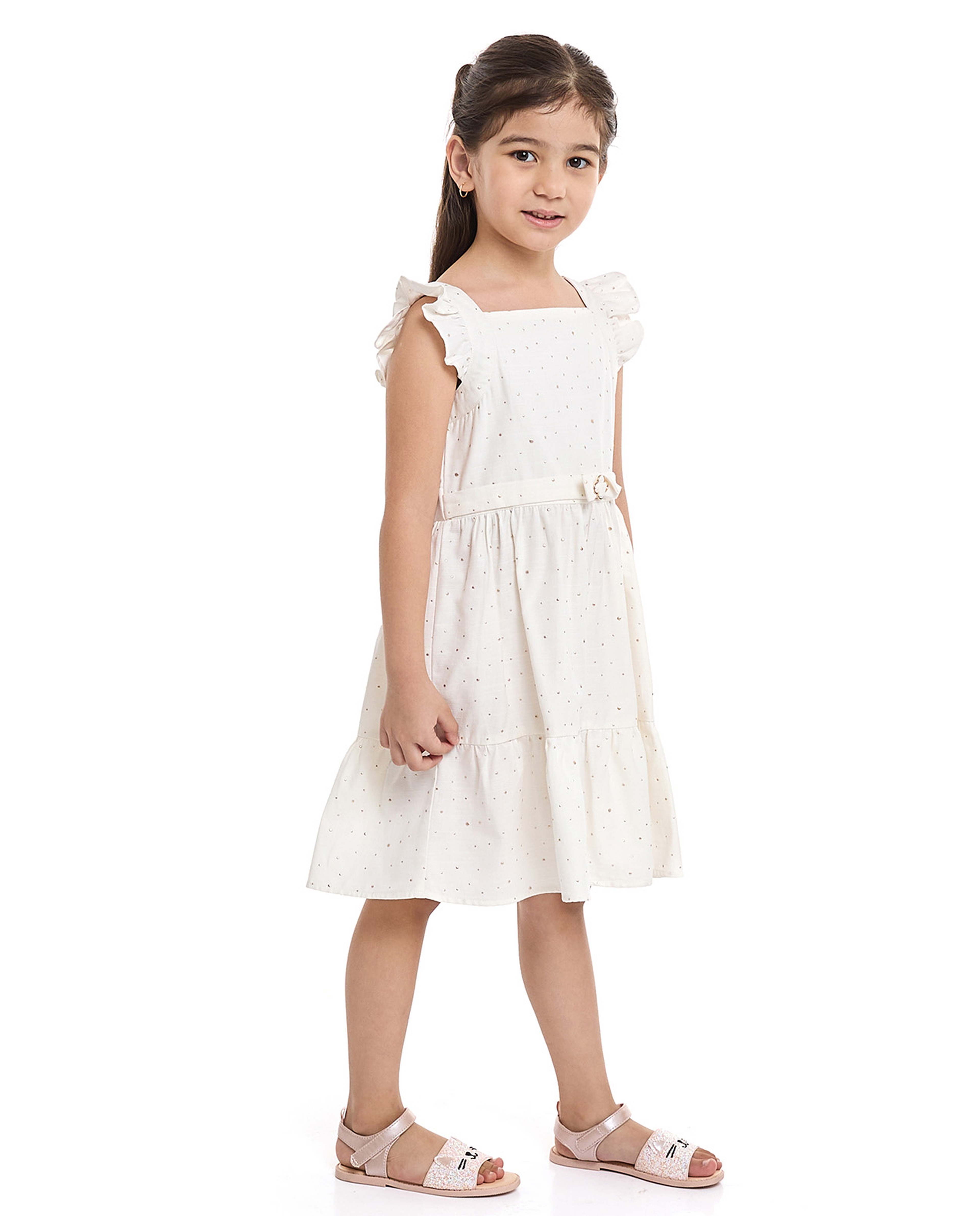 Embroidered Fit and Flare Dress with Flutter Sleeves