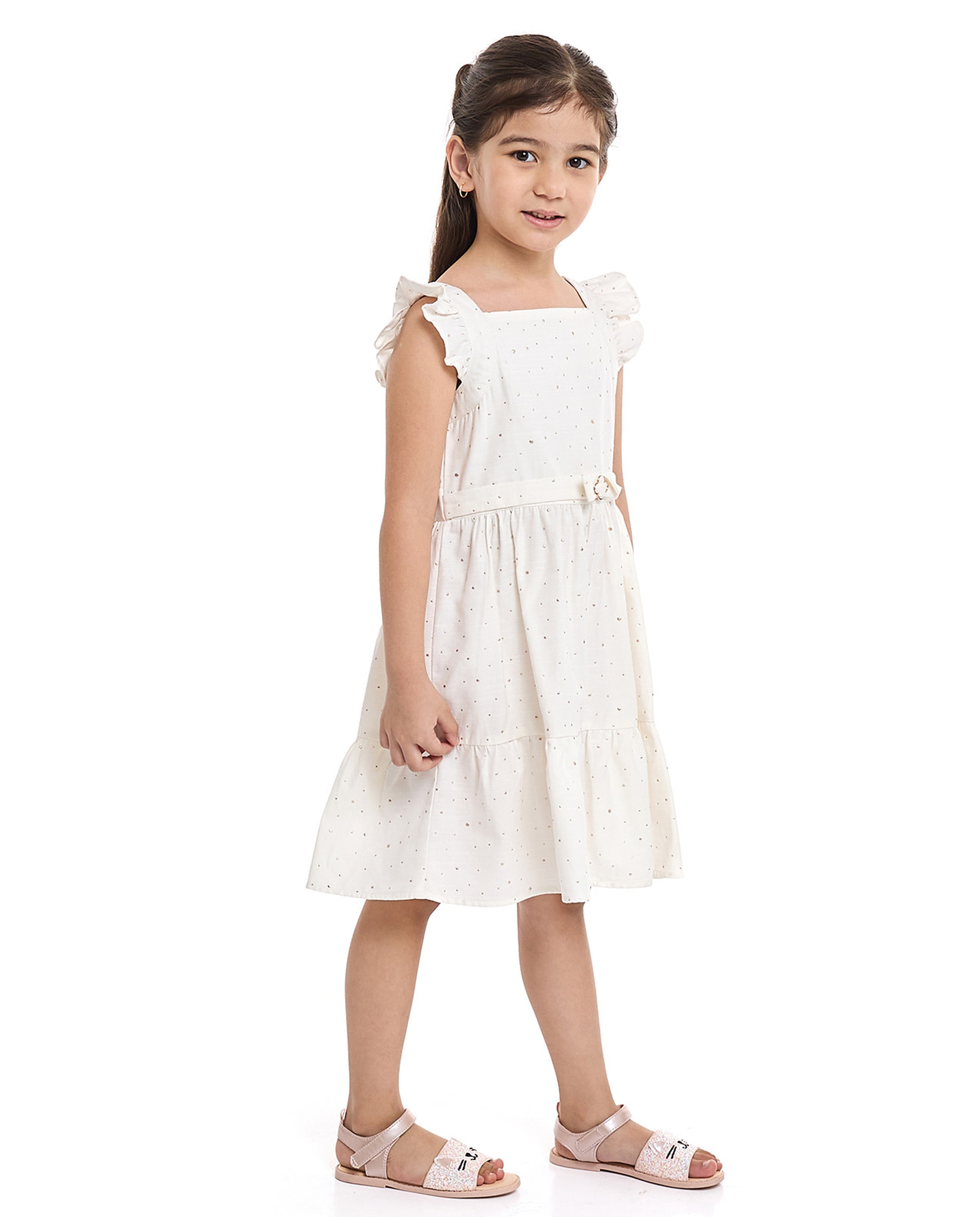 Embroidered Fit and Flare Dress with Flutter Sleeves