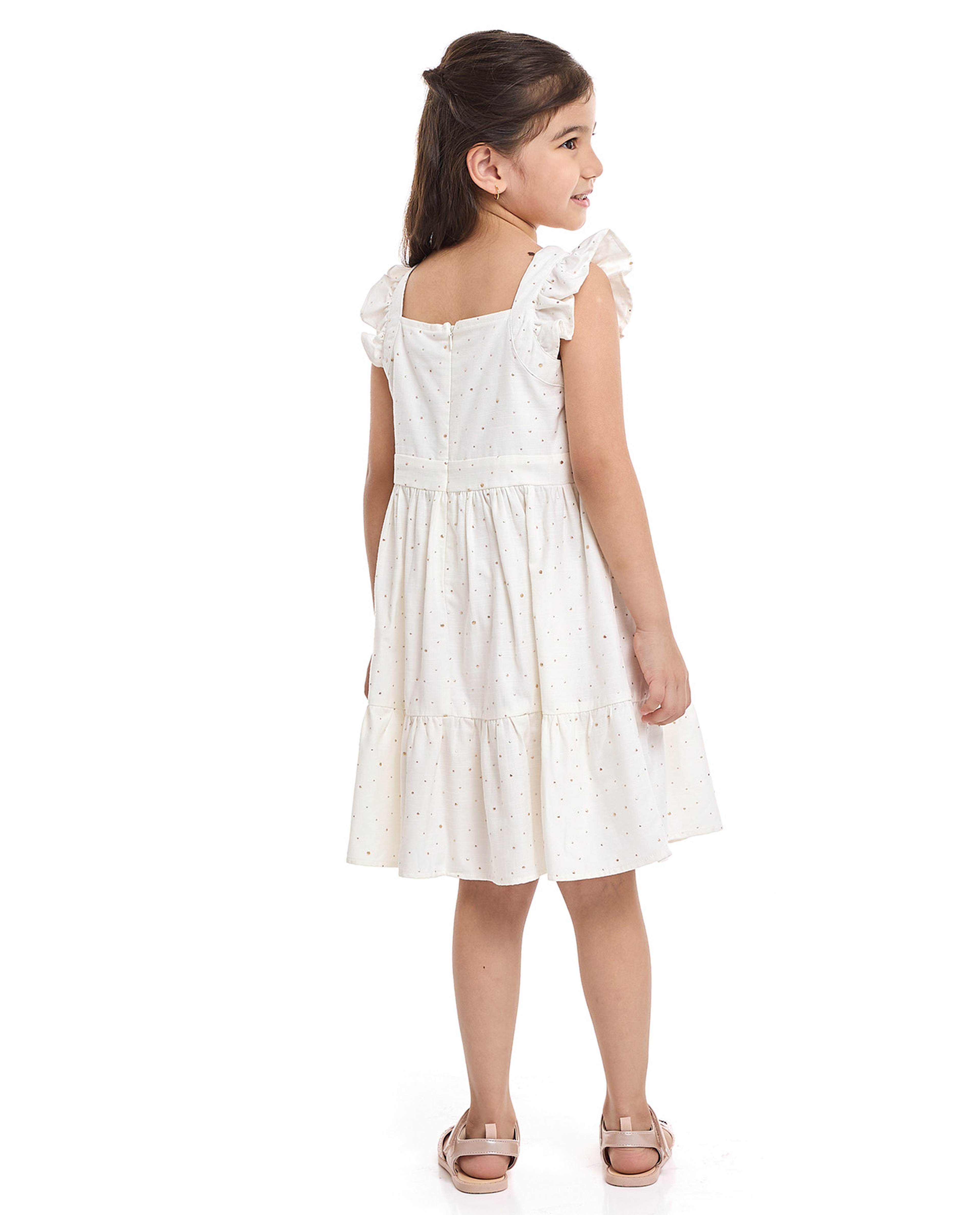 Embroidered Fit and Flare Dress with Flutter Sleeves