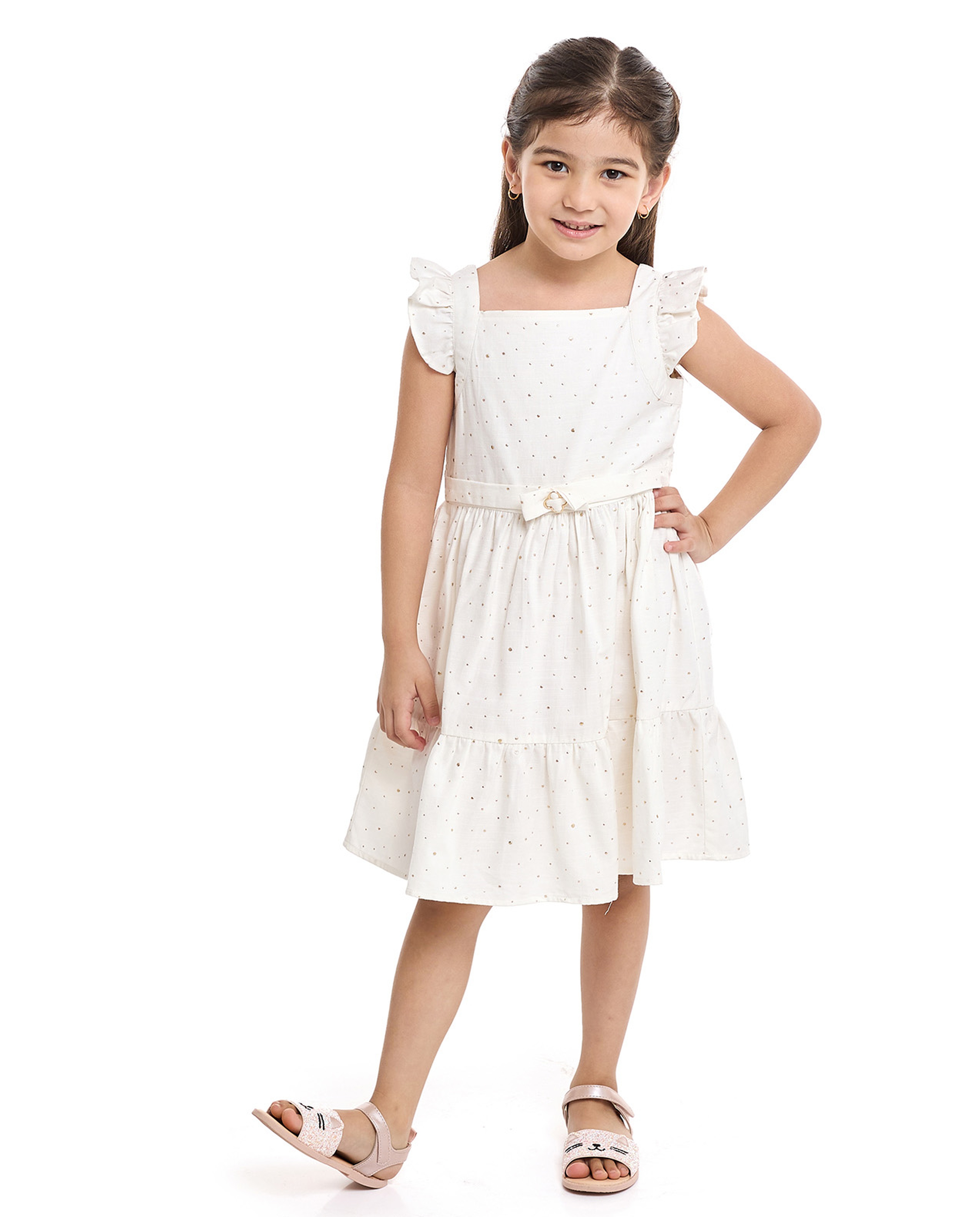 Embroidered Fit and Flare Dress with Flutter Sleeves